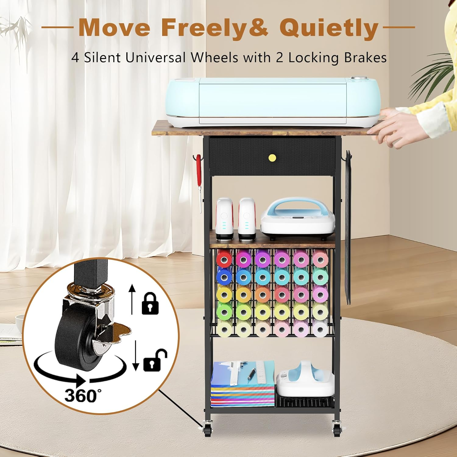 Rolling Craft Table with Storage with 30 Vinyl Roll Holder and Drawer, Craft Storage Cart Compatible with Cricut Machines, Craft Storage Cabinet Organizer Workstation for Craft Room Home (Black) image number 5