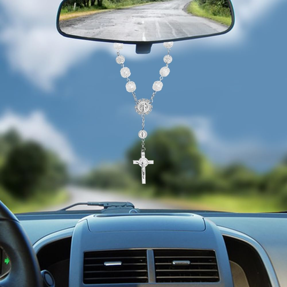 2 Pcs Rear View Mirror Accessories for Women, SENHAI Bling Butterfly Diamond Car Mirror Hanging Accessories and Rosary Beads Catholic Cross Car Decor, Home Decor Valentine'S Day Gifts