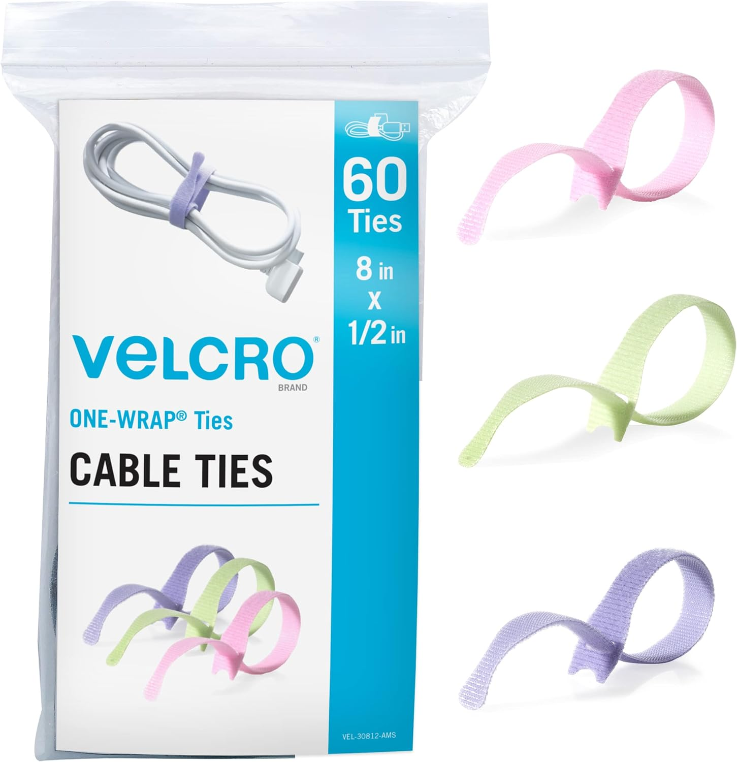 VELCRO Brand Heavy Duty Cable Ties Reusable | 60Pc Bulk Pack | 8 X 1/2" ONE-WRAP Straps, Black | Strong Wire Management | Cord Bundling for Home Office and Data Centers