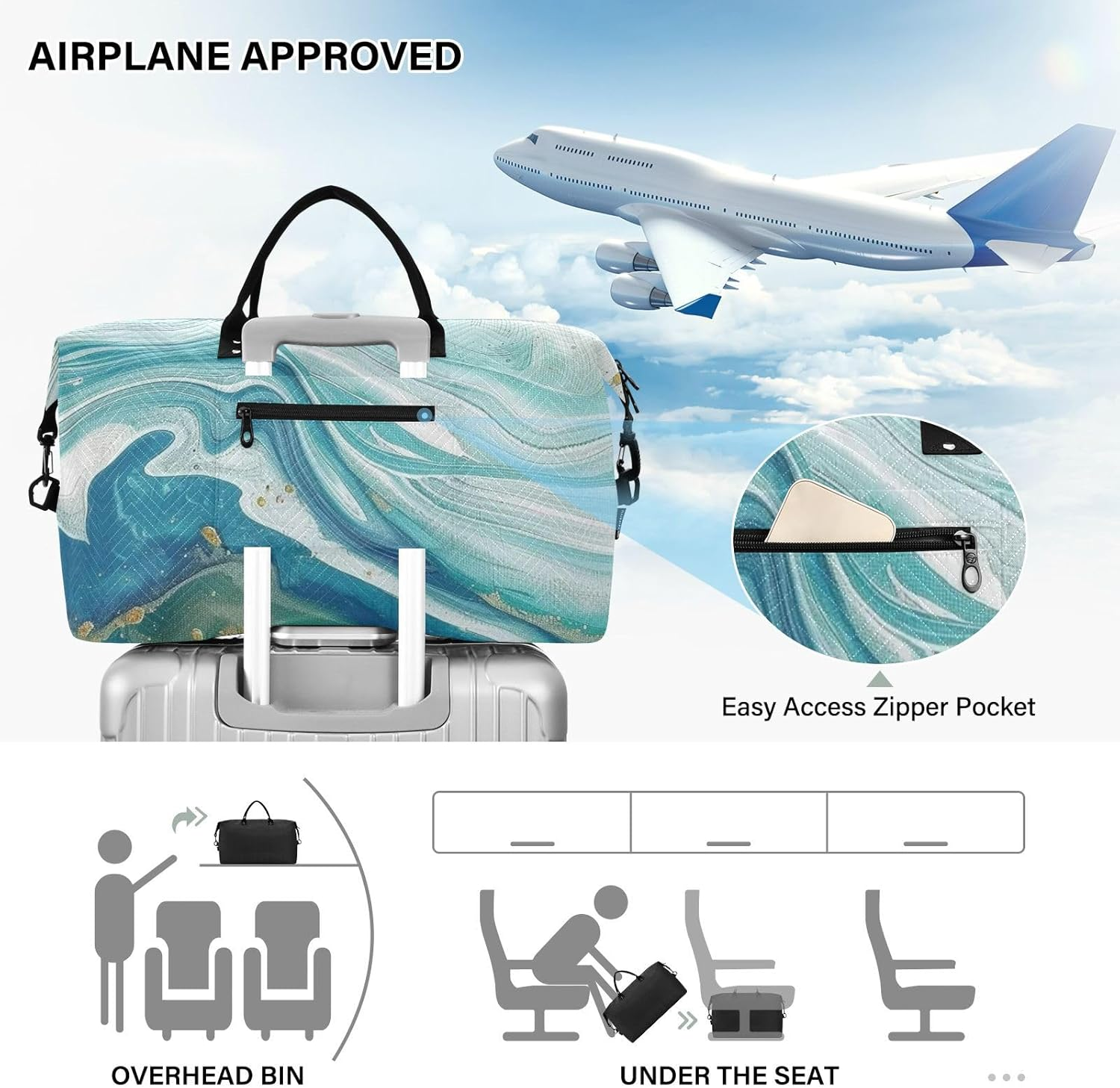 Blue-Green Marble Texture Travel Bag Overnight Bag Gym Sports Duffel Bags with Toiletry Bag for Gym Foldable, Blue-Green Marble Texture, 1 Size image number 1