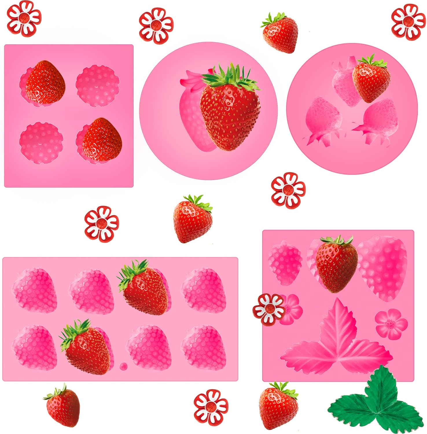 5 Pcs Strawberry Baking Mold Silicone Handmade Candy Jelly Bakeware 3D Flower Strawberry Embed Silicone Fruit Shape Pastry Mold for Soap Wax Chocolate Fondant Ice Cream Cupcake Cake Decor