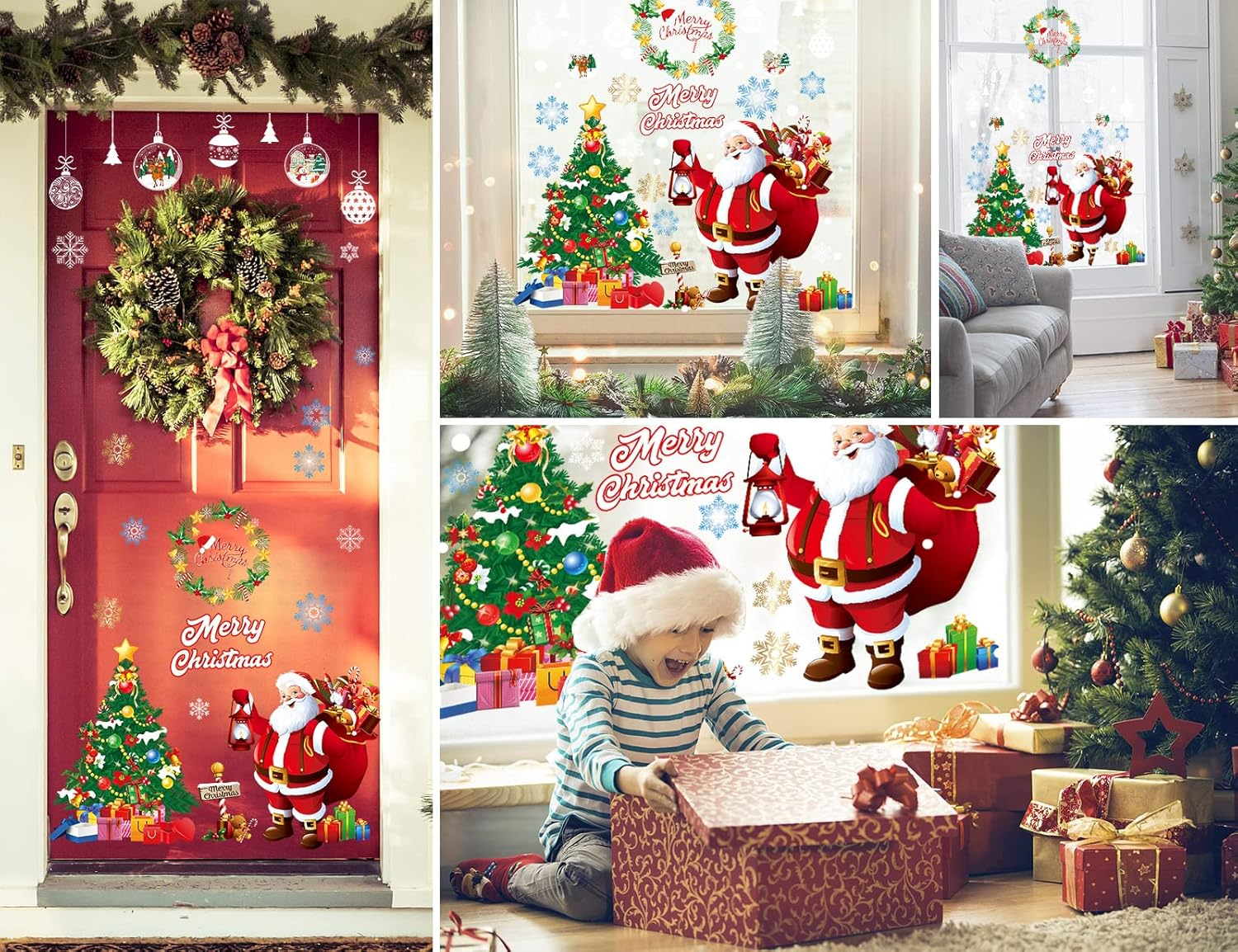 HEEKPEK Christmas Window Decorations Cute Large Santa Christmas Window Clings Christmas Window Stickers Xmas Window Decals for Glass Window Christmas Tree Snowflake Double Sided Holiday Party Stickers image number 1