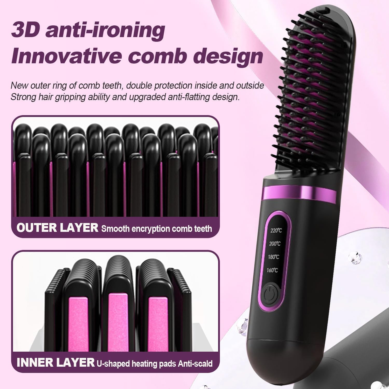 Cordless Hair Straightener Brush & Travel Hair Brush, 4-Temp LCD Display, Anti-Scald, Long-Lasting Mini Beard Straightener, Hot Comb Styling Tools with Dust-Proof Cover, Comb & Clip image number 3