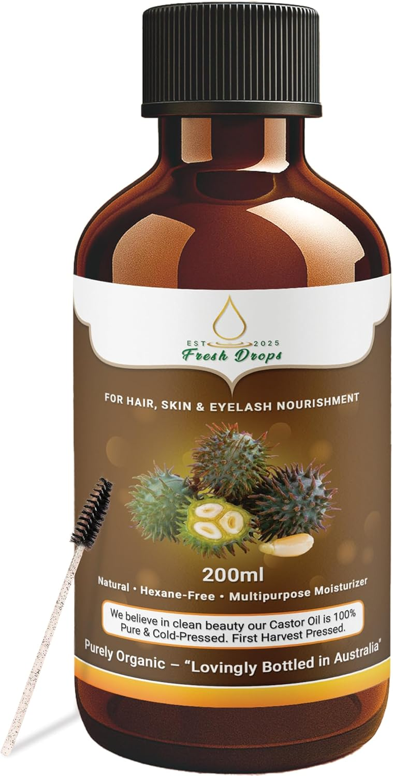 Fresh Drops Organic Castor Oil 200Ml, Pure Cold Pressed, Hexane Free, Fresh Drops- Stimulate Growth for Eyelashes, Eyebrows, and Hair, Smooth Face, and Skin image number 2