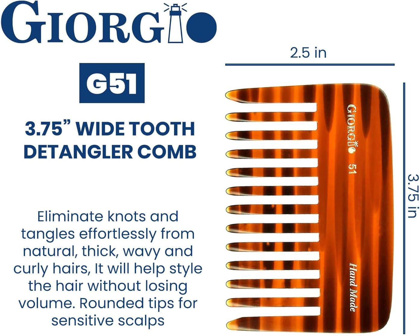 GIORGIO G51 3 3/4" Small Travel Purse Hair Detangling Comb, Wide Teeth, Tortoiseshell, Cellulose Acetate, Unisex Adult, Women, Men, Girls, Boys with Thick, Curly, Wavy Hair image number 2
