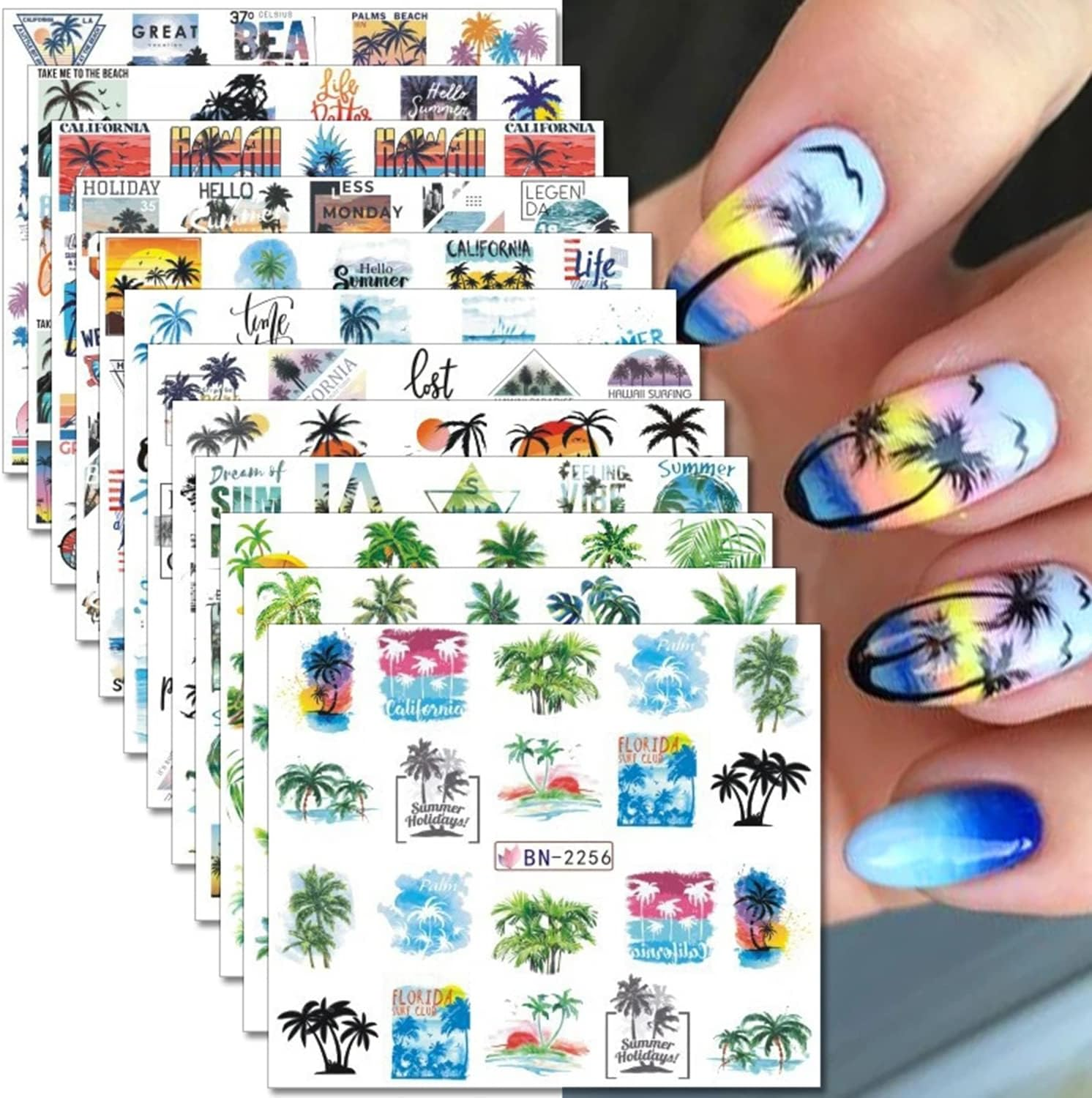Coconut Trees Nail Art Stickers Summer Beach Nail Decals Stickers for Nail Art Plam Tree Tropical Style Nail Art Water Transfer Decals Sliders for Summer Nails Art Decoration Supplies Manicure Tips image number 2
