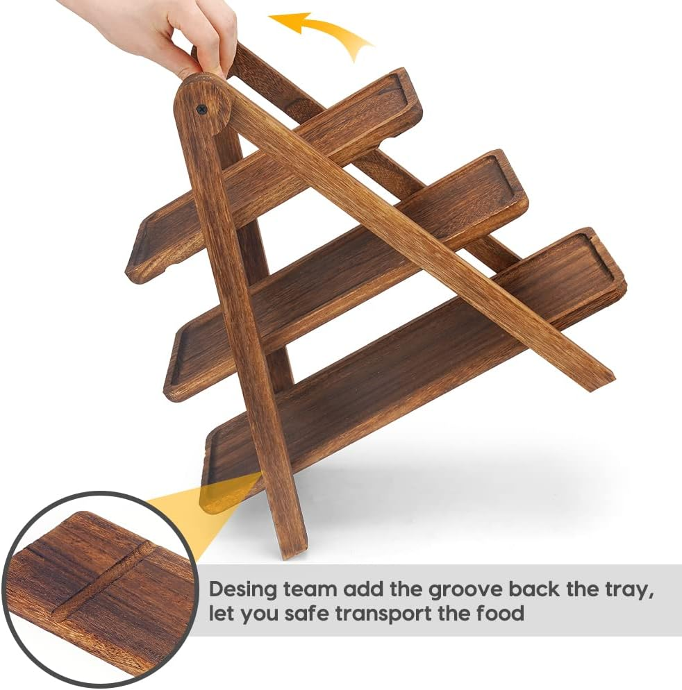 Manspdier Wood 3 Tier Serving Tray Three Tiered Cupcake Stand, Rectangle Platter Wooden Farmhouse Tray, Party Dishes for Entertaining, Rustic Vintage Trays and Platters, Dark Brown Appetizer Plates image number 1