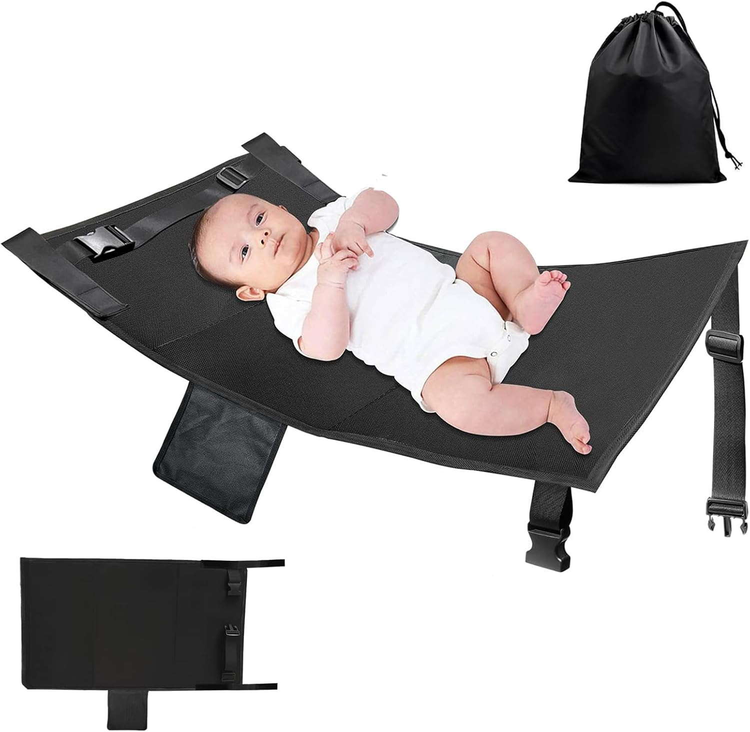 Toddler Airplane Bed, Black Portable Kids Airplane Seat Extender Travel Bed, Baby Plane Safe Essentials with Drawstring Bag, Long Trip Toddler Travel Essentials for Sleeping (31.3 X 17.3 Inches)