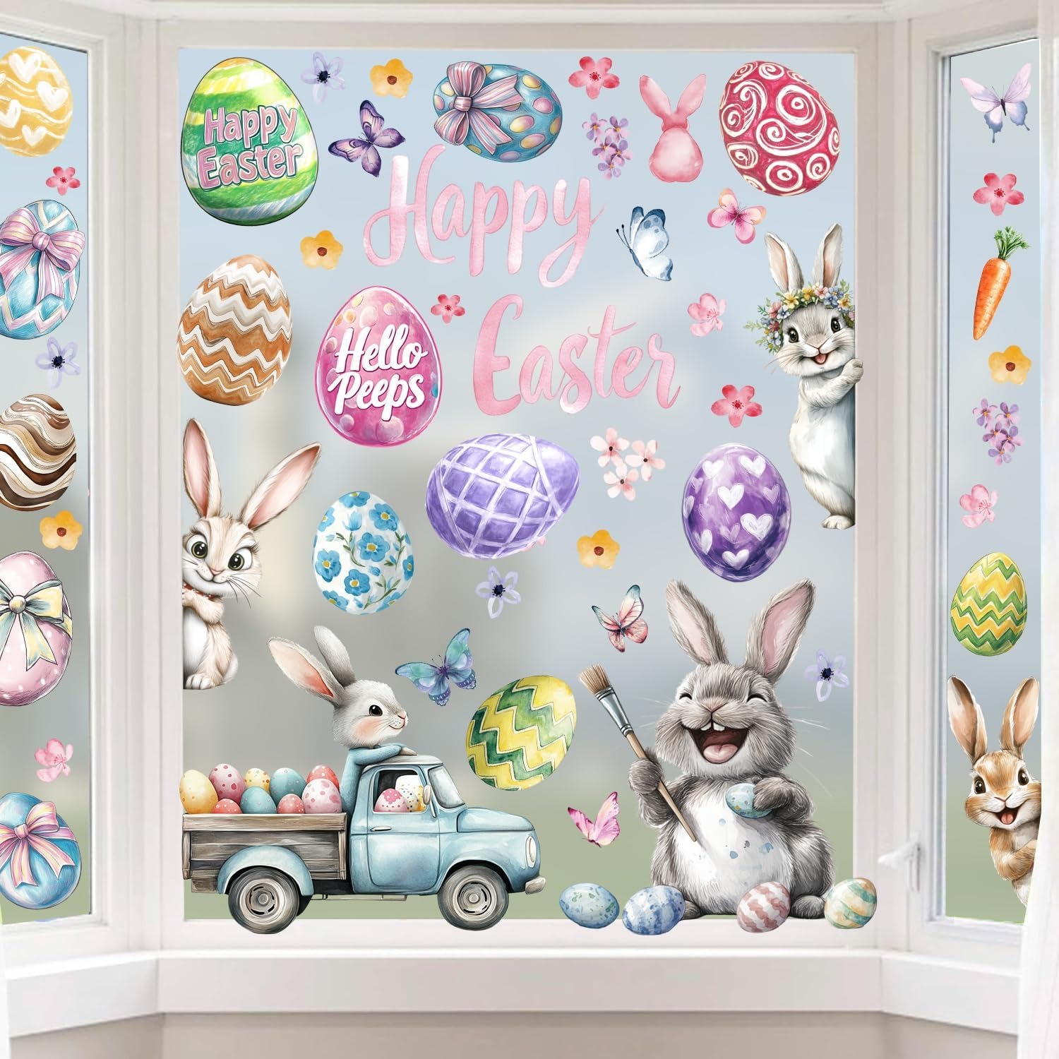Hianjoo 118 PCS Easter Window Cling, 9 Sheets Easterday Bunny Window Stickers PVC Static Painting Style Sticker with Cute Rabbit Eggs Carrot Car Happy Easter, Flower Butterfly for Festival Decoration image number 4