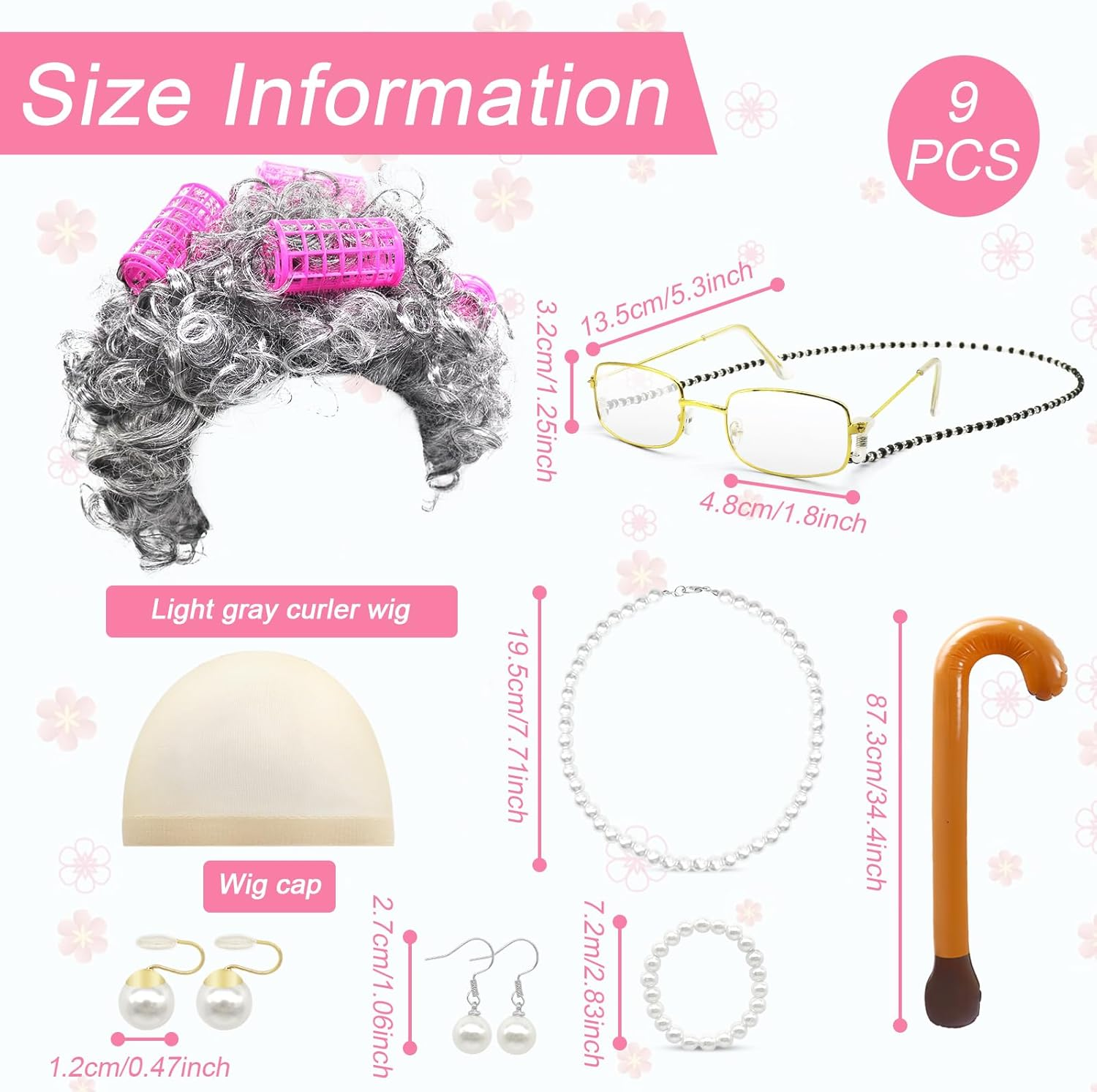 10Pcs Old Lady Costume Set, Grandma Wig Cap Including Glasses Pearl Earring Bracelet Necklace Inflatable Walking Stick, Grandmother Fancy Dress Costume for Christmas Halloween World Book Day