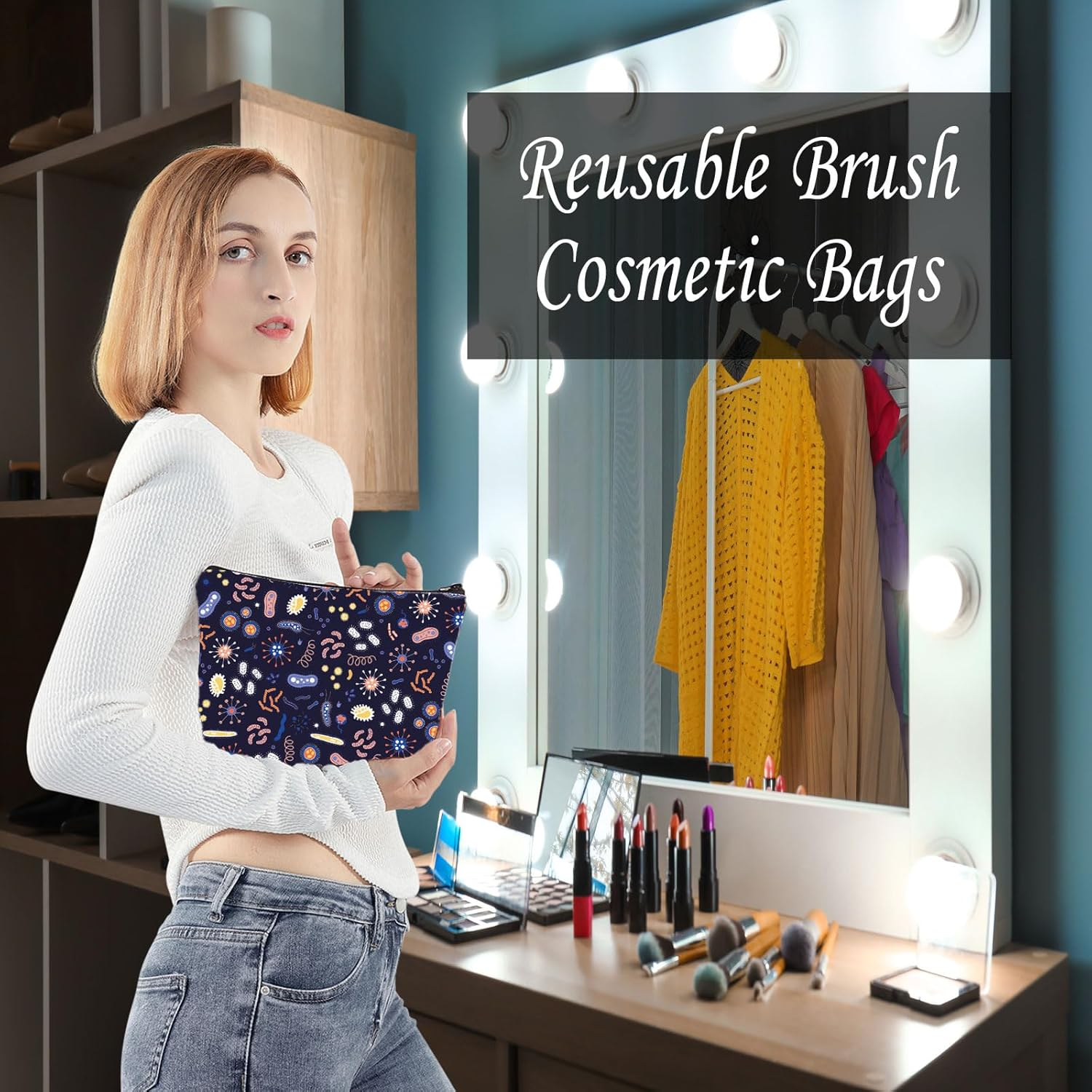 LEVLO Microbiology Bacteria Makeup Bag Science Art Biologist Reusable Book Cosmetic Bag Gift for Teacher, Microbiology, Daily image number 6