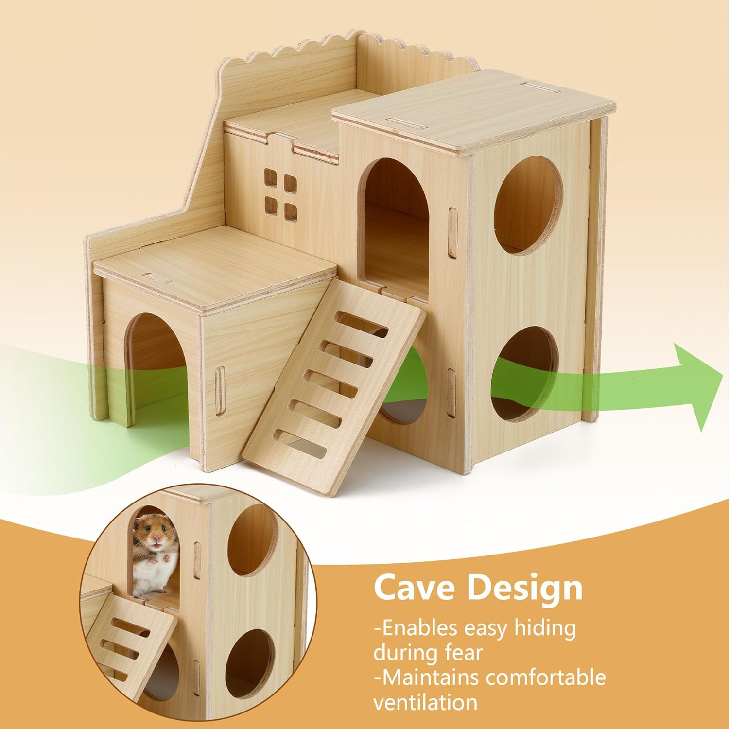 Wooden Hamster Hideout Cage Accessories, Guinea Pig House and Seesaw, Double-Decker Hide Hut with Slide, YITOBA Hamster Chew Toys for Pet Rats, Hamster Platform for Dwarf Gerbils (Two-Story) image number 1