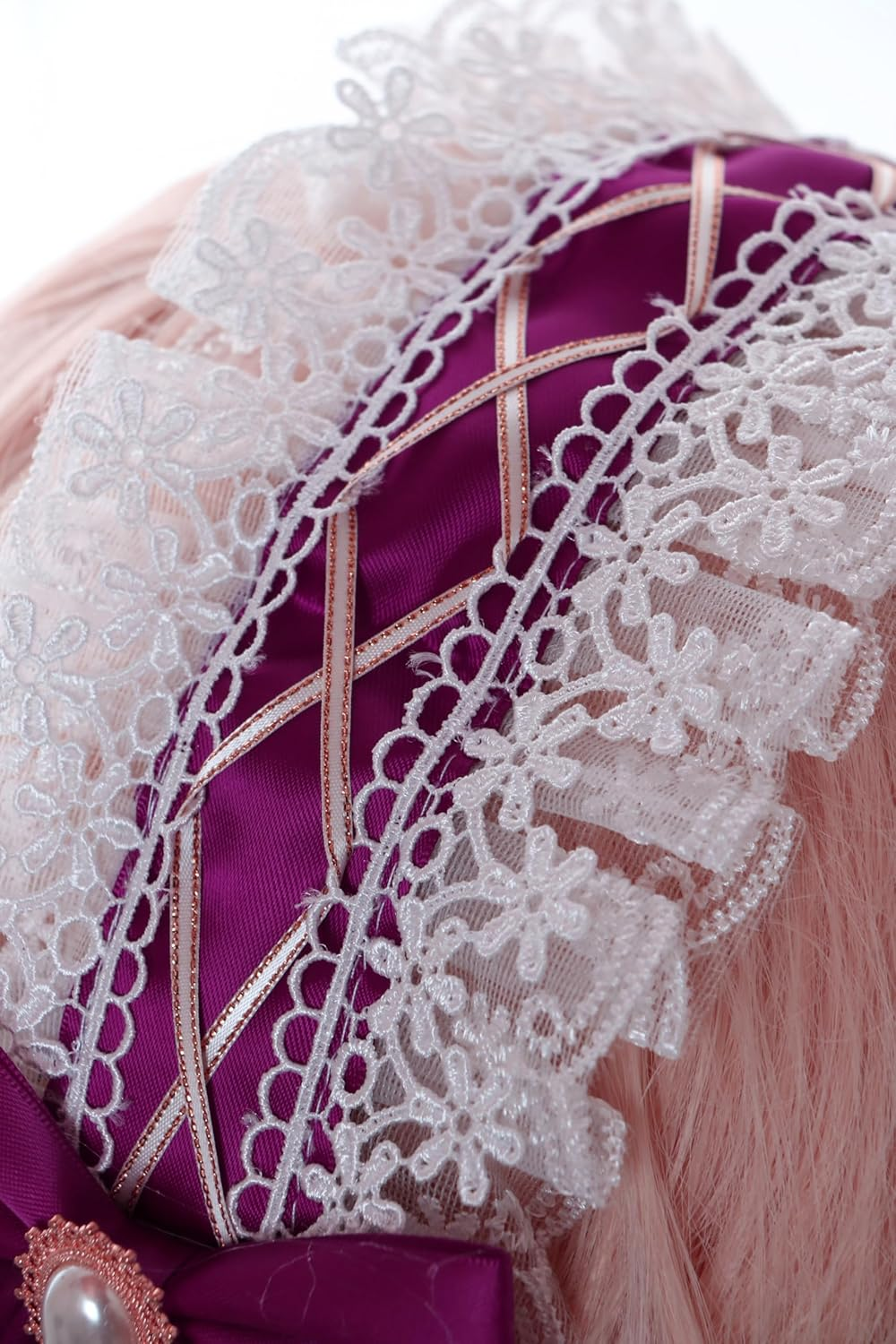 C-09-2 Burgundy Purple White Maid Lolita Satin Lace Ruffle Headband with Bow Gothic Hair Accessories Headband Hair Accessory image number 5