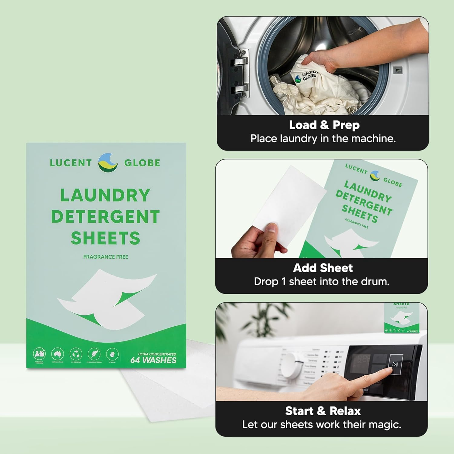 Lucent Globe Sensitive Fragrance Free Laundry Detergent Sheets, 64 Washes, Plant-Based, Biodegradable, Plastic Free Packaging 64 Count image number 1