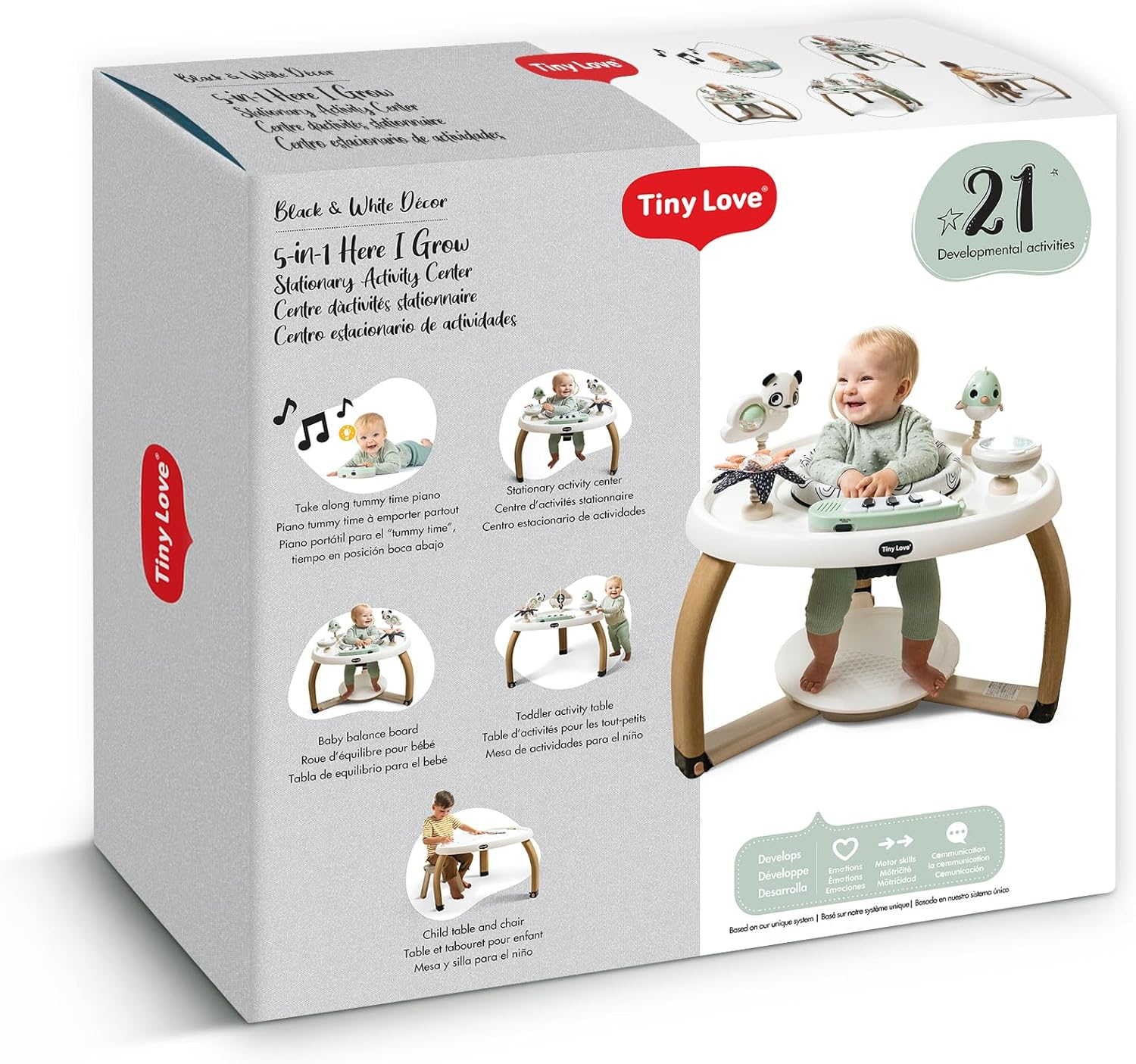 Tiny Love 5-In-1 Activity Center - Black & White Decor Collection, Includes Tummy Time, Balance Board, Toddler Table, and Chair Modes, Enhanced with 6 Detachable Toys for Developmental Play