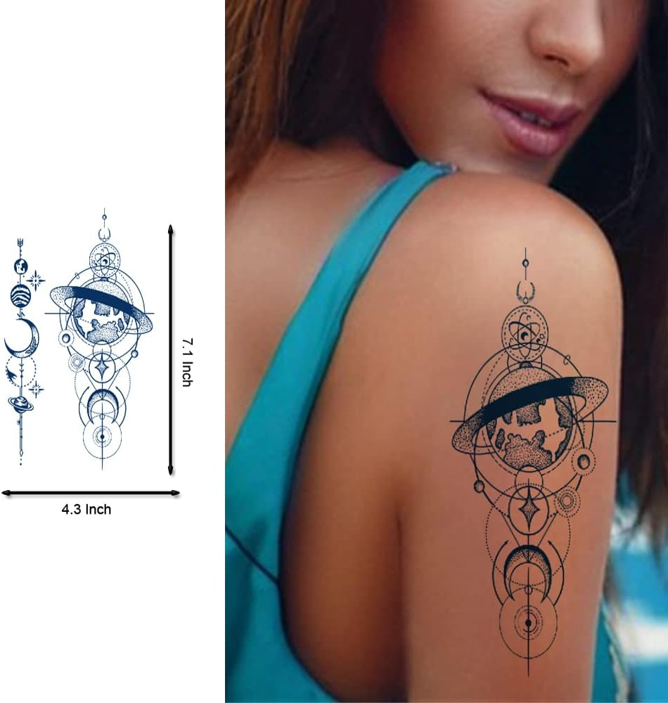 Space Semi Permanent Tattoo, 6-Sheet Long Lasting 1-2 Weeks Temporary Tattoos Universe Sun Moon Stars Tattoo Stickers, Waterproof 100% Plant-Based Ink Infinity Realistic Fake Tattoos For image number 3