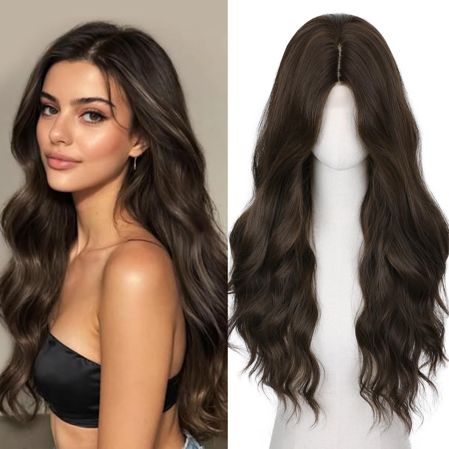 Long Wavy Wig Middle Parting Dark Brown 26 Inch Long Brown Wigs for White Women Brown Hair Wig Natural Looking Long Wigs For