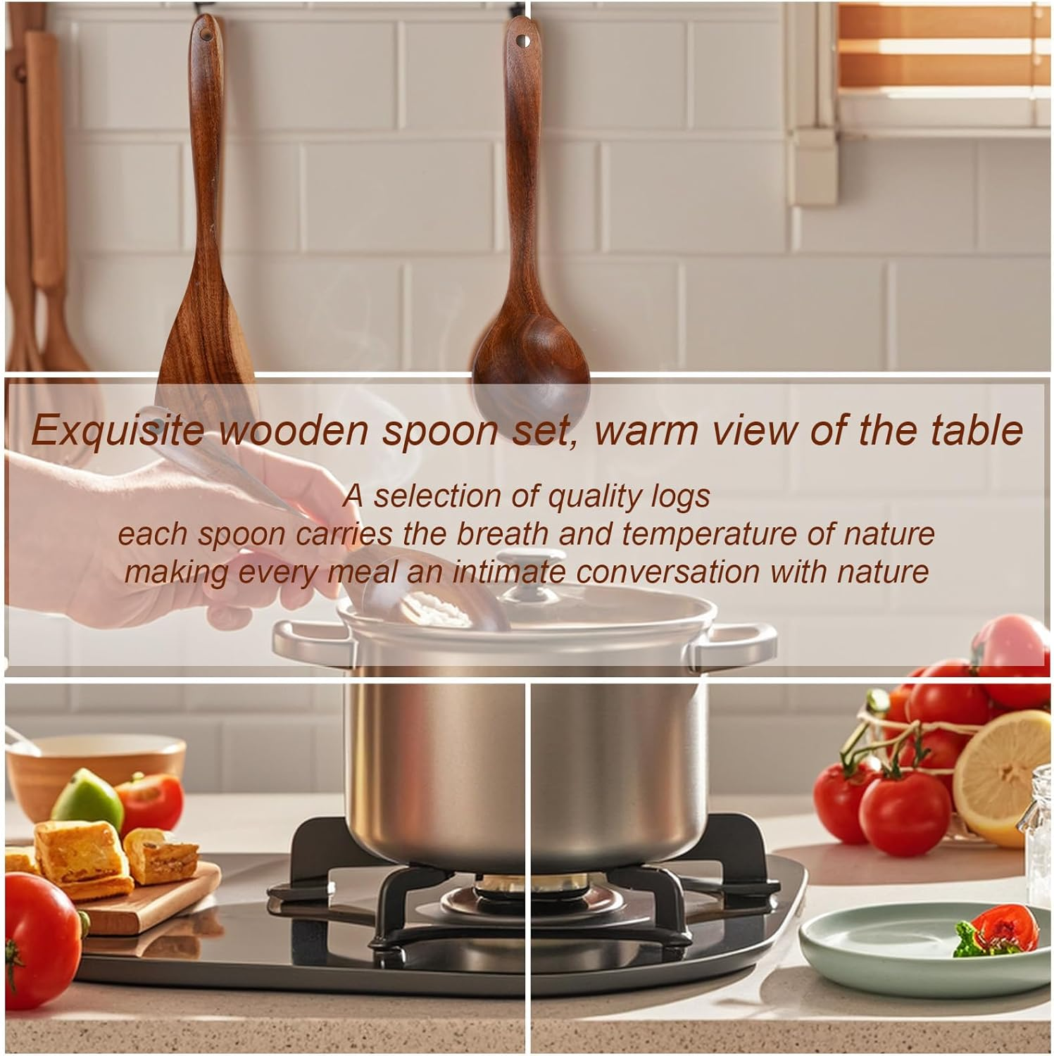 6 Piece Natural Acacia Wooden Kitchen Utensil Set, Comfortable Grip Cooking Spoons & Tools Includes Wooden Spatula Spoon and Utensils Holder image number 3