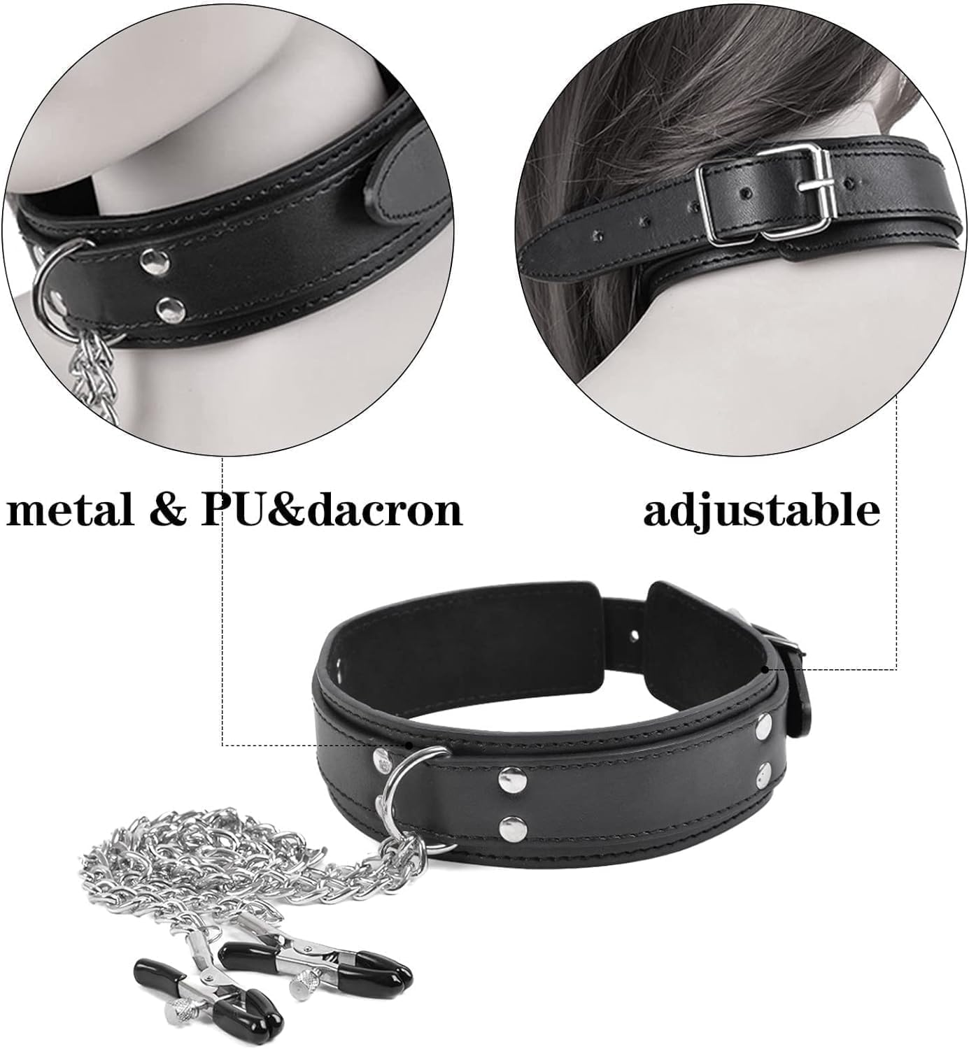 Bondage Collar Necklace with Nipple Clamps PU Faux Leather Collar Harness with Choker Metal Chains BDSM Bondage Sex Restraints Fetish Collar SM Adjustable Clips Slave Collar Fetish Slave Sex Toy Cosplay, Couples Sex Toys image number 5