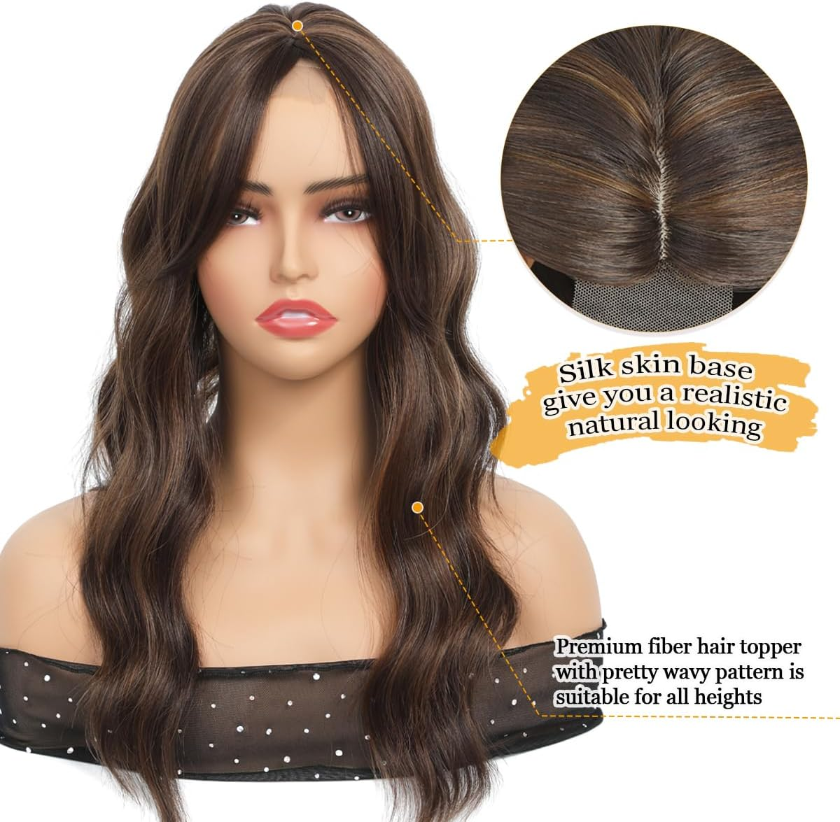 VEGALILY 20Inch Hair Topper, 7X7" Base Size Wavy Hair Topper for Women, Handmade Natural Hairline Hair Toppers Fake Hairpieces for Women (Brown with Highlights) - Gradual Brown image number 5
