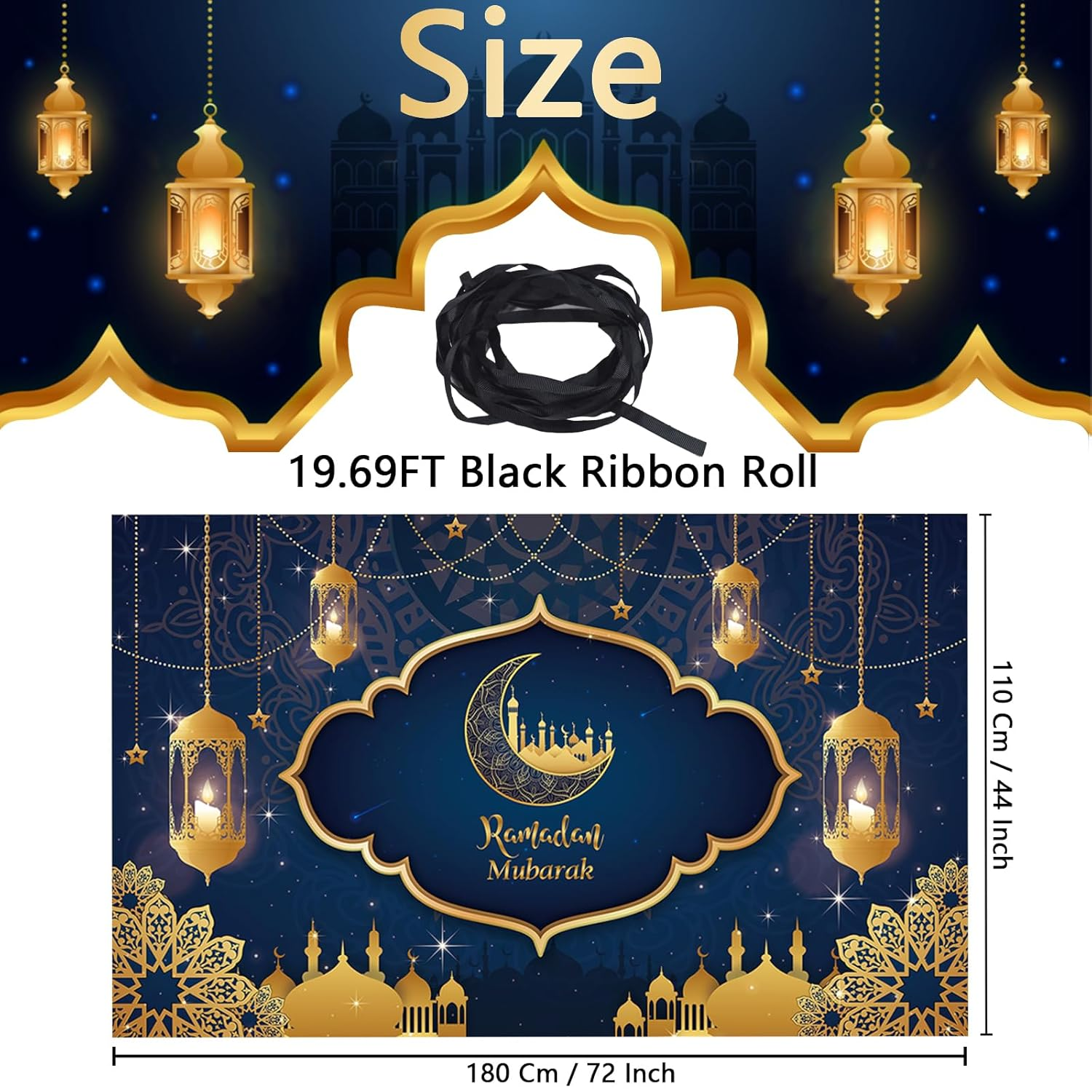 Ramadan Mubarak Banner 2025, Extra Large Fabric Eid Kareem Backdrop for Decorations, 72 X 44 Inch Star Moon Lanterns Castles Photo Booth Background for Islamic Muslim Al-Fitr Party Supplies image number 3