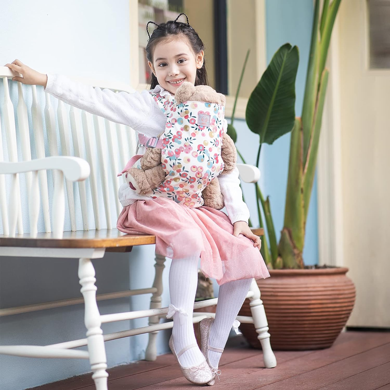 GAGAKU Baby Doll Carrier Stuffed Animal Carrier for Girls Doll Accessory Adjustable Straps for Reborn Baby Dolls - Pink Plume - Pink - Pumpkin Plum Blossom image number 2