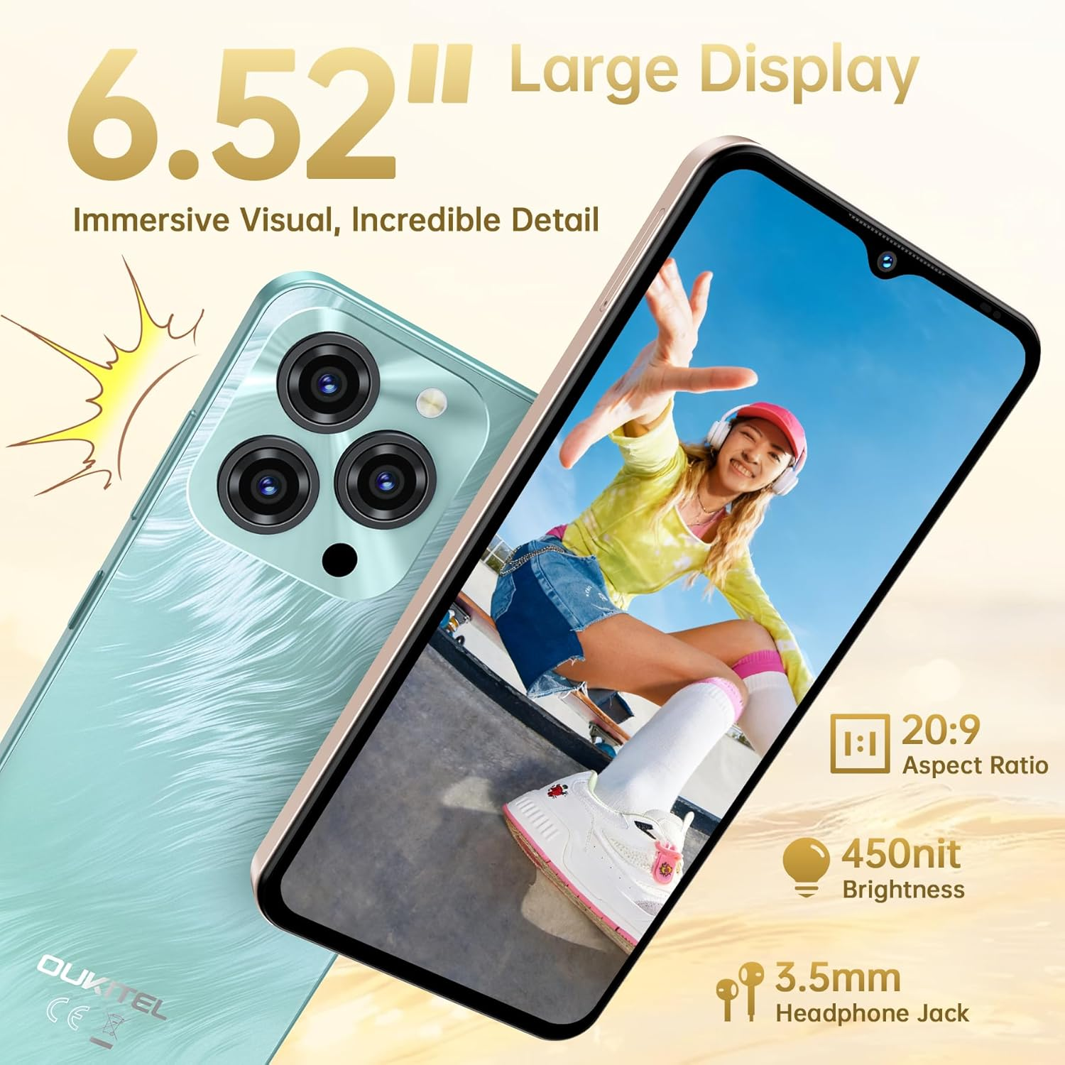 OUKITEL C3 Cell Phone Unlocked 2025-16GB RAM+128GB/TF 1TB ROM Smartphone, 5000Mah Battery, 6.52'' Waterdrop Screen, 13MP+5MP Camera, 4G Dual SIM Android Phone, Face Id/3.5Mm Jack/Gps/Bt5.0, Pink image number 2