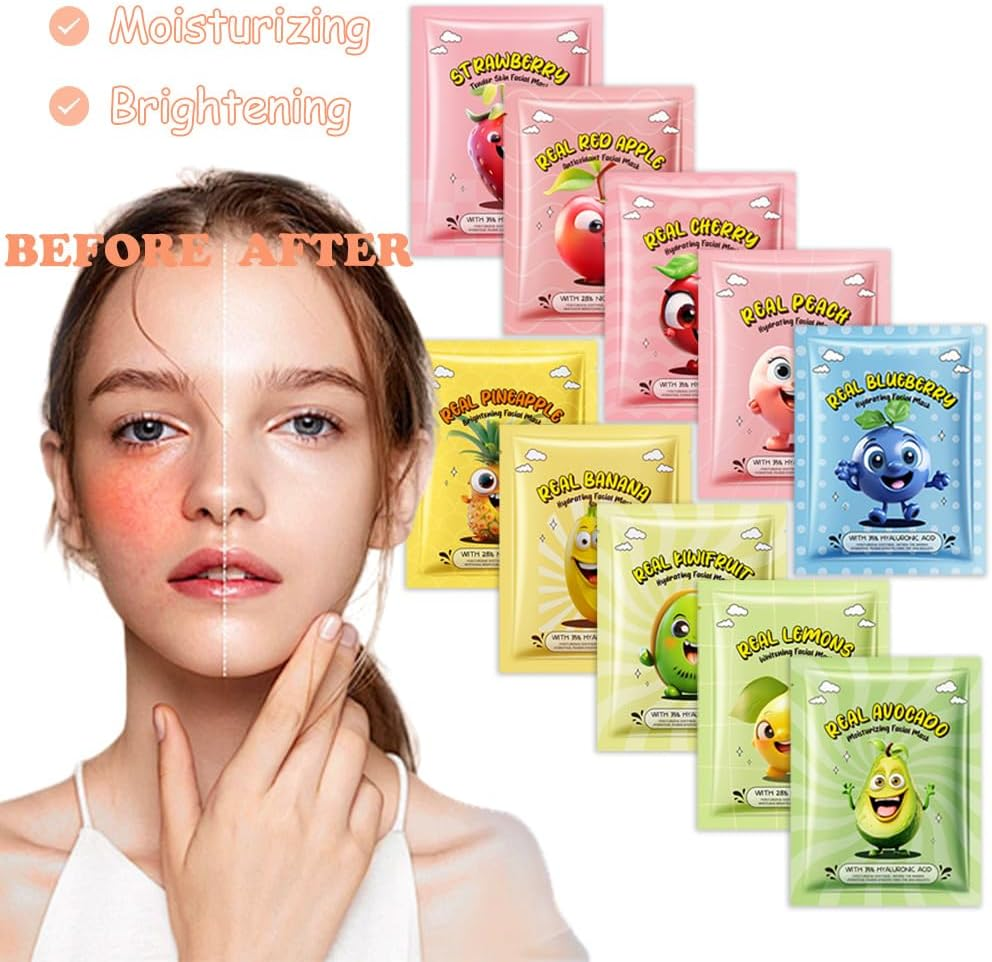 10 Pack Fruit Face Mask,Facial Mask for Kids Skin Care Moisturize,Brighten Soothe Spa Party Face Mask Set for Women Men Girls Nourish for All Skin Types image number 5