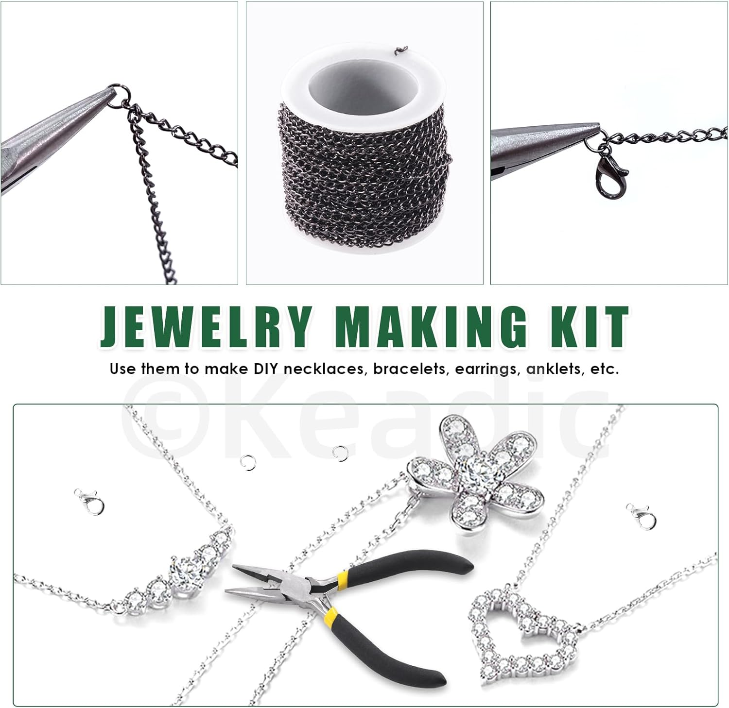 Keadic 102Pcs 30 Feet Jewelry Making Chains Kit W 3Mm Metal Necklace Twisted Links Chain, Lobster Clasps, Open Jump Rings and Jewelry Pliers for Bracelet Earring Anklet DIY (Gun-Metal) - Copper image number 7