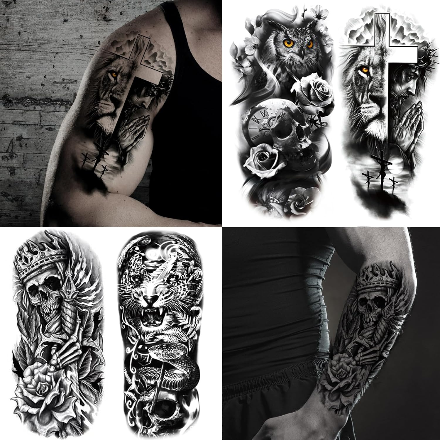 JEEFONNA 82 Sheets Temporary Tattoo for Men Women Adults, Include 12 Sheets Black 3D Half Sleeve Temporary Tattoos, Halloween Tattoos Scary Lion Wolf Tiger Skull Skeleton Tattoos Stickers image number 3