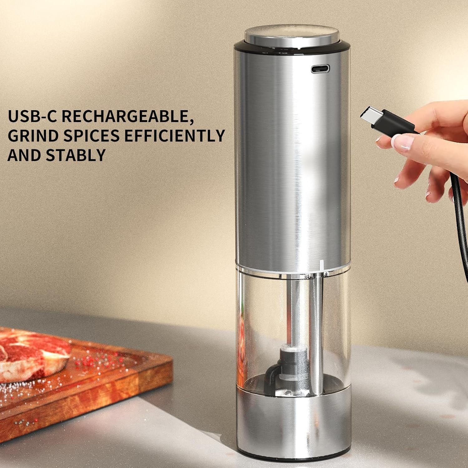 CIRCLE JOY Electric Salt and Pepper Grinder Set Stainless Steel Rechargeable Salt Pepper Mill Set with External Adjustable Coarseness, Storage Base, White LED Light, USB Cable image number 2