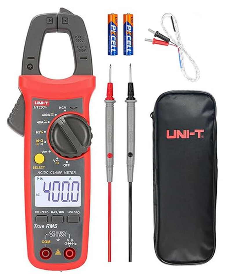 UT204+ Digital Clamp Meter, Handheld Clamp Multimeter with Ampere, Volt, Ohm, Diode, Temperature Tester., Includes Non-Contact Voltage (NCV) Detection for Quick and Safe Voltage Presence Checking.