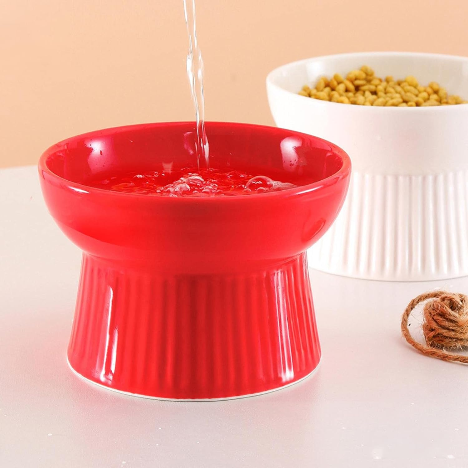 Ceramic Pet Bowl Neck Guard Cute Dog Bowl Cartoon Tall Cat Bowl Striped Ceramic for Flat Faced Cats,Small Dogs,Protects Pets Spine-Small,White image number 4