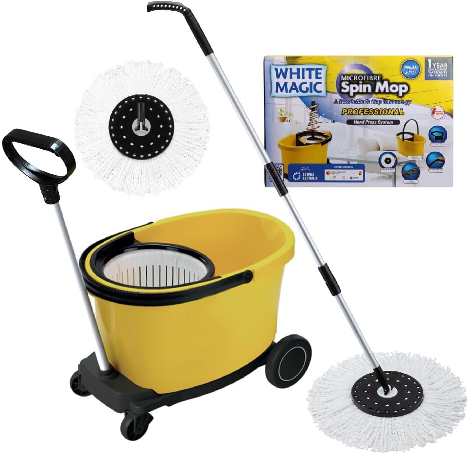 White Magic Professional Spin Mop Set &ndash; Designed for Commercial Use with 3000 RPM Spin, Easy Hand Press Action, and 4X More Absorbent Microfibre. Bucket 60X37X31Cm, Trolley 72X36X86Cm image number 4