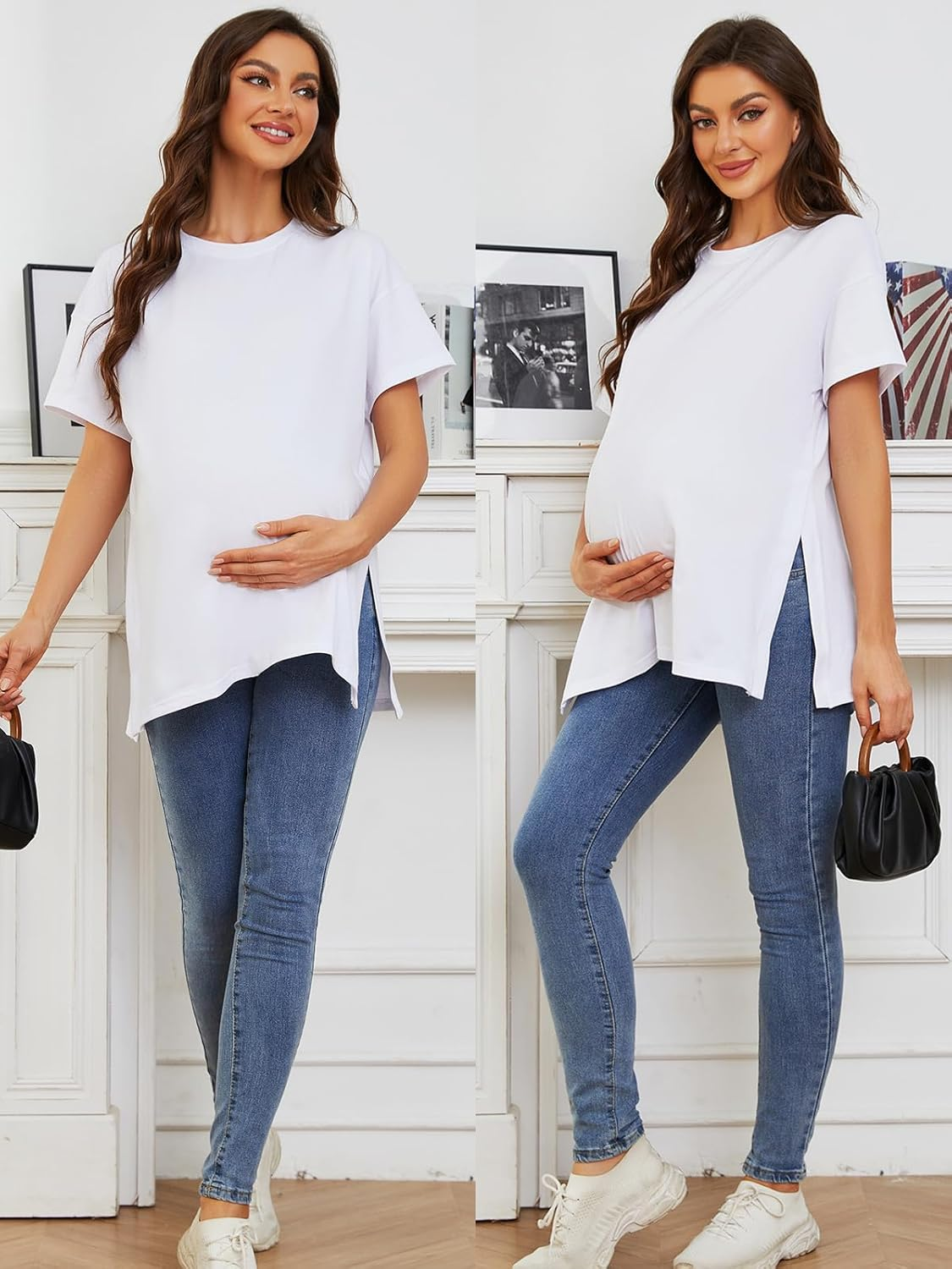 Ecavus Women'S Casual Maternity Shirts Split Side Pregnancy Tops Blouses Short Sleeve Loose Fit Maternity Clothes image number 4