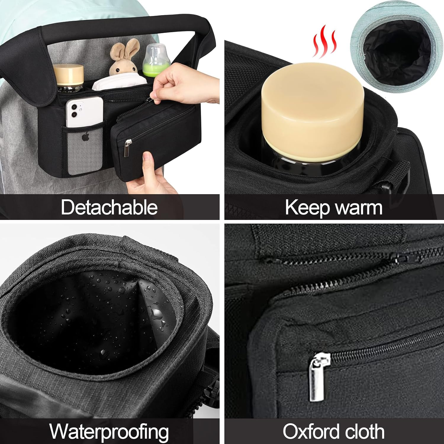 Universal Stroller Organizer with Insulated Cup Holders Detachable Phone Bag & Shoulder Strap, Stroller Accessories Fits for Britax, Uppababy, Baby Jogger, Bugaboo, BOB Stroller (Black) image number 3