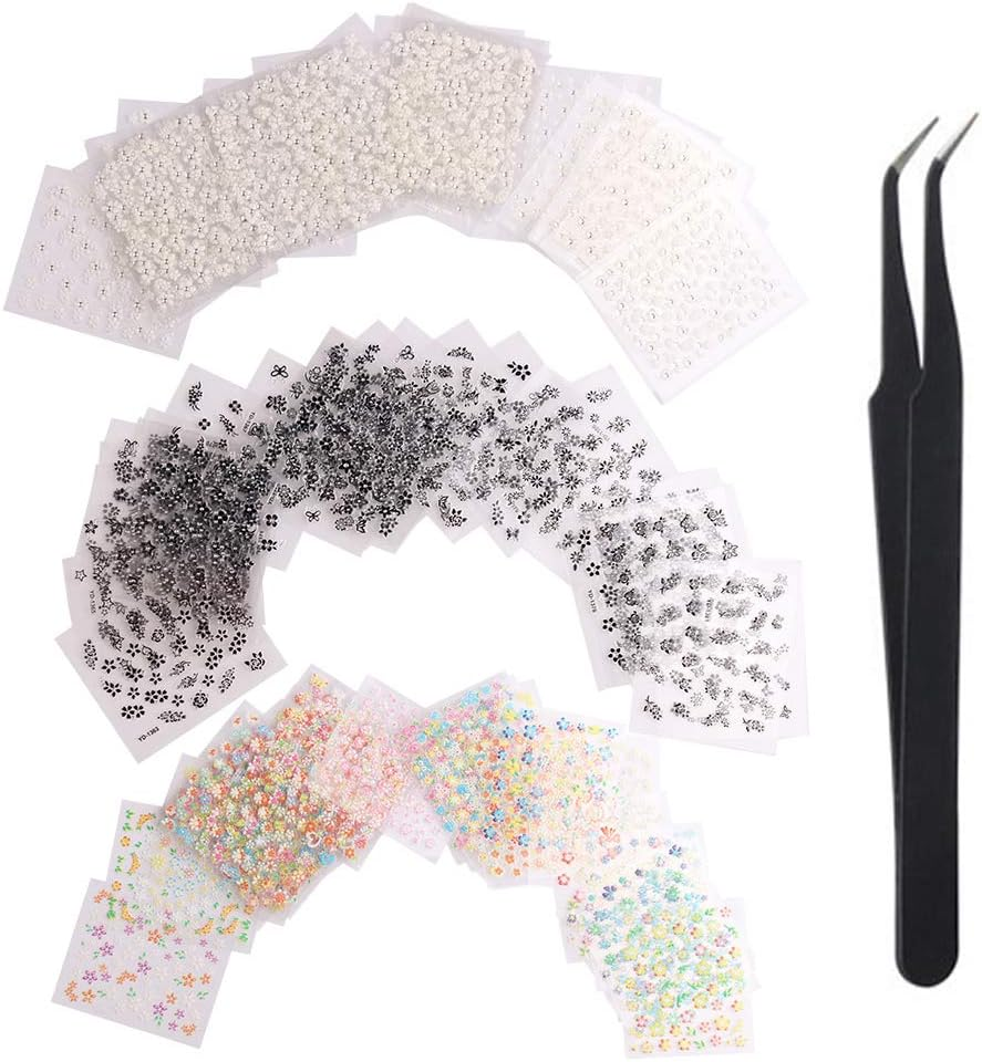 WOKOTO 90Pcs Self-Adhesive 3D Design Nail Art Sticker Colorful White Black Flower Fingernail Decals Nail Art Decoration Decals with 1 Pcs Anti-Static Tweezers image number 4