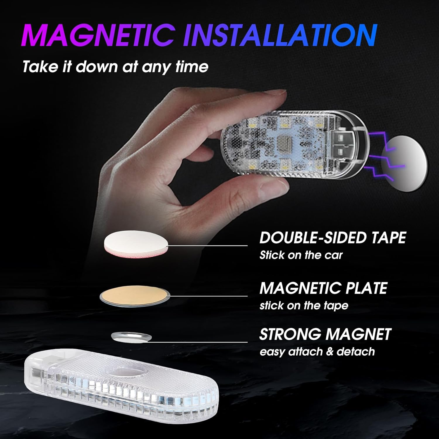 Kaidengzhe Car LED Lights Interior Wireless, RGB 7 Colors Magnetic Neon Touch Light, USB Rechargeable Interior Accent Ambient Lighting, Adjustable & Portable Night Lights for Car Trunk Room, 4 PCS image number 5