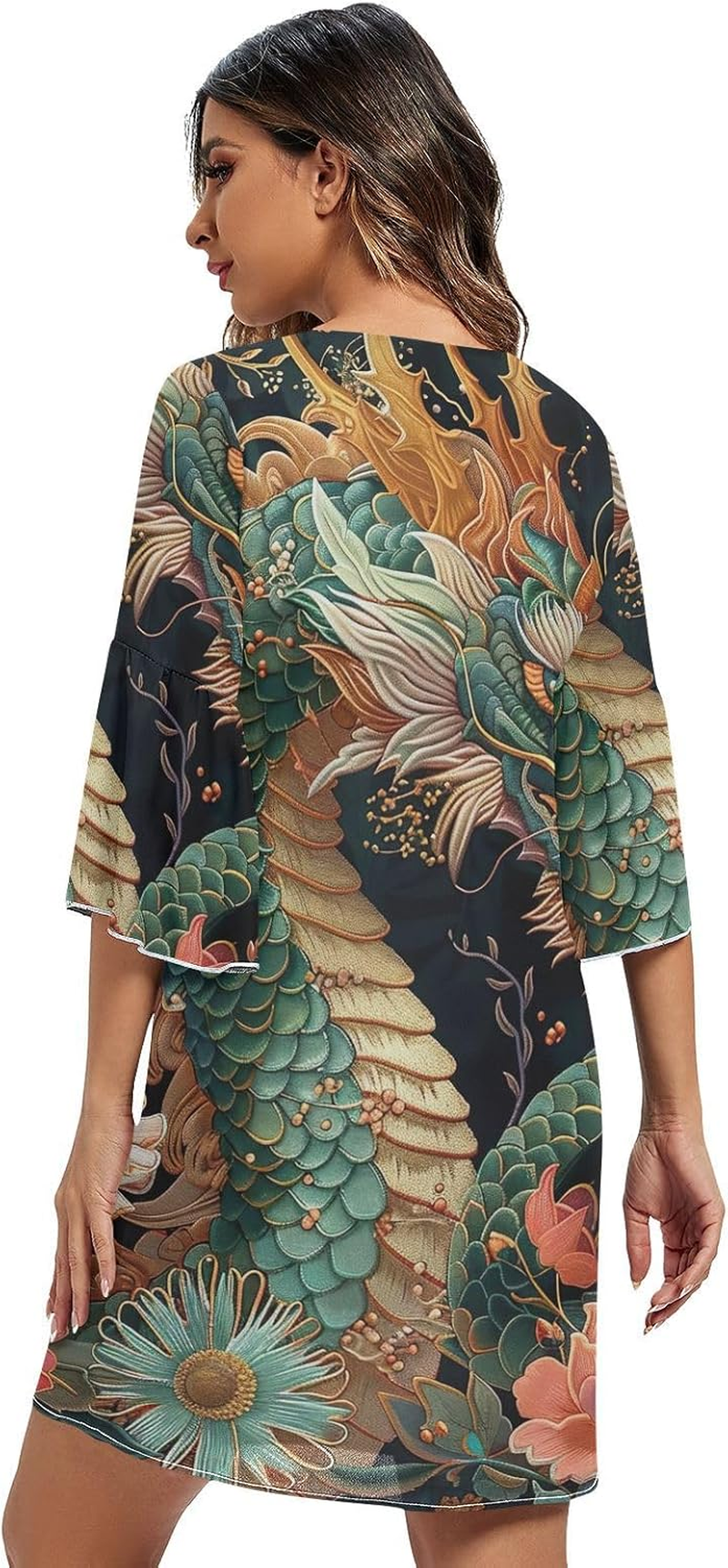 Green Dragon Vintage Chinese Flowers Short Dress Printed Line Maternity Dress S-XXL image number 3