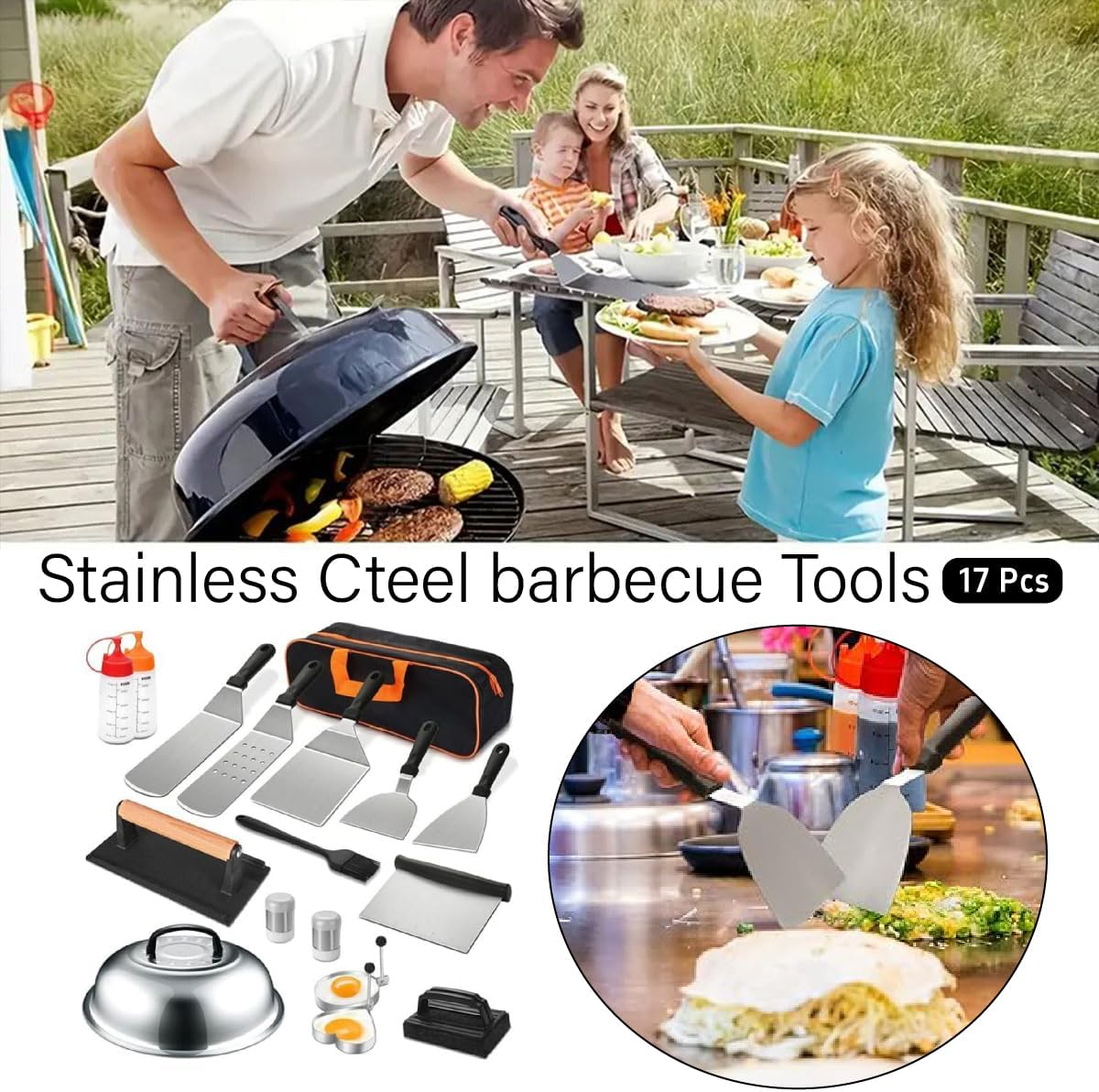AIMALL 17-Piece Stainless Steel BBQ Tools Set &ndash; Outdoor Grill Accessories for Teppanyaki, Includes Spatulas, Tongs, Basting Brush, and More with Carrying Bag image number 2