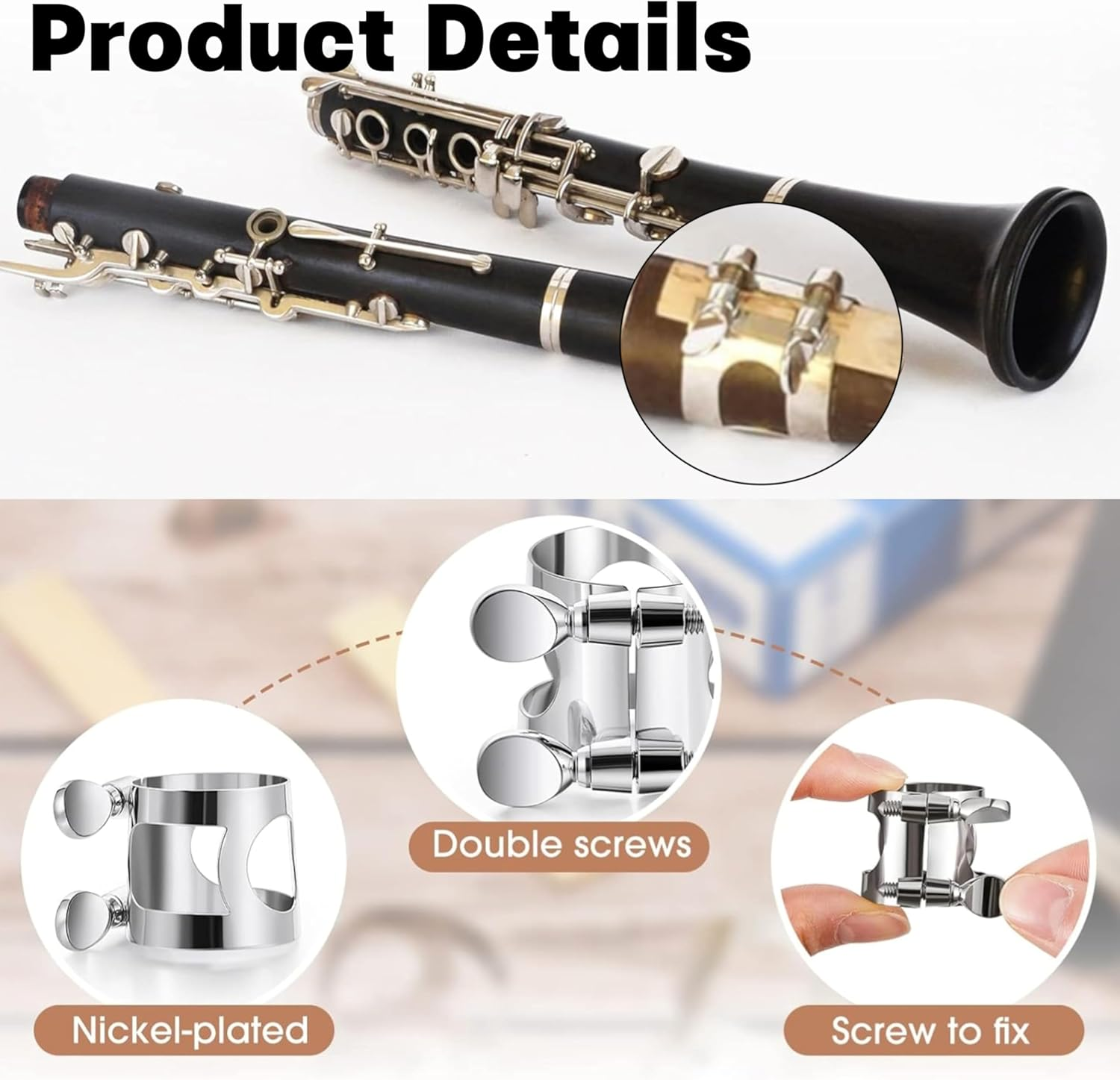 Clarinet Ligature,Clarinet Metal Clips,Silver Clarinet Mouthpiece Ligature,Pipe Headjoint Clips,With Adjustable Screw for Clarinet Mouthpiece Woodwind Instrument Fittings image number 4