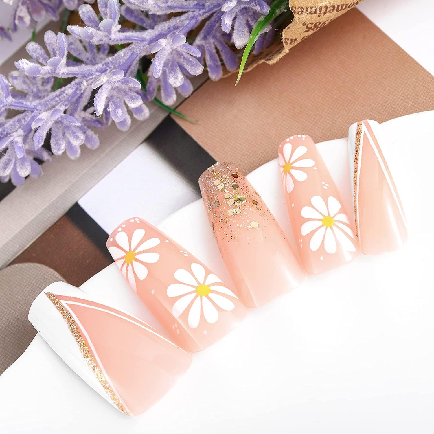 French Tip Press on Nails - Coffin Stick on Nails Nails Tips Full Cover Fake Nails Glossy Acrylic Nails for Women Girls DIY Nail Manicure 24 PCS False Nails image number 1