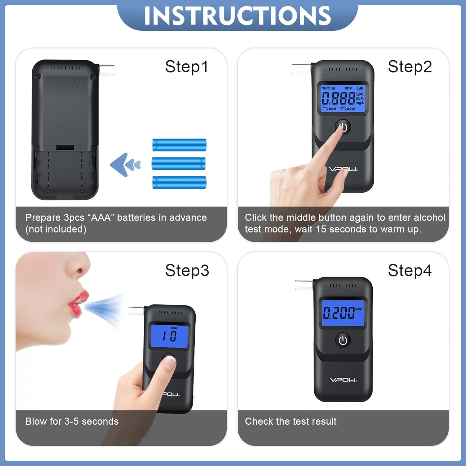 Breathalyzer, VPOW Alcohol Breathalyzer to Test Alcohol with Digital Blue LCD Display, Grade Accuracy Personal Breathalyzers Alcohol Tester for Personal Home Professional Use Blue,1.0 Count image number 3