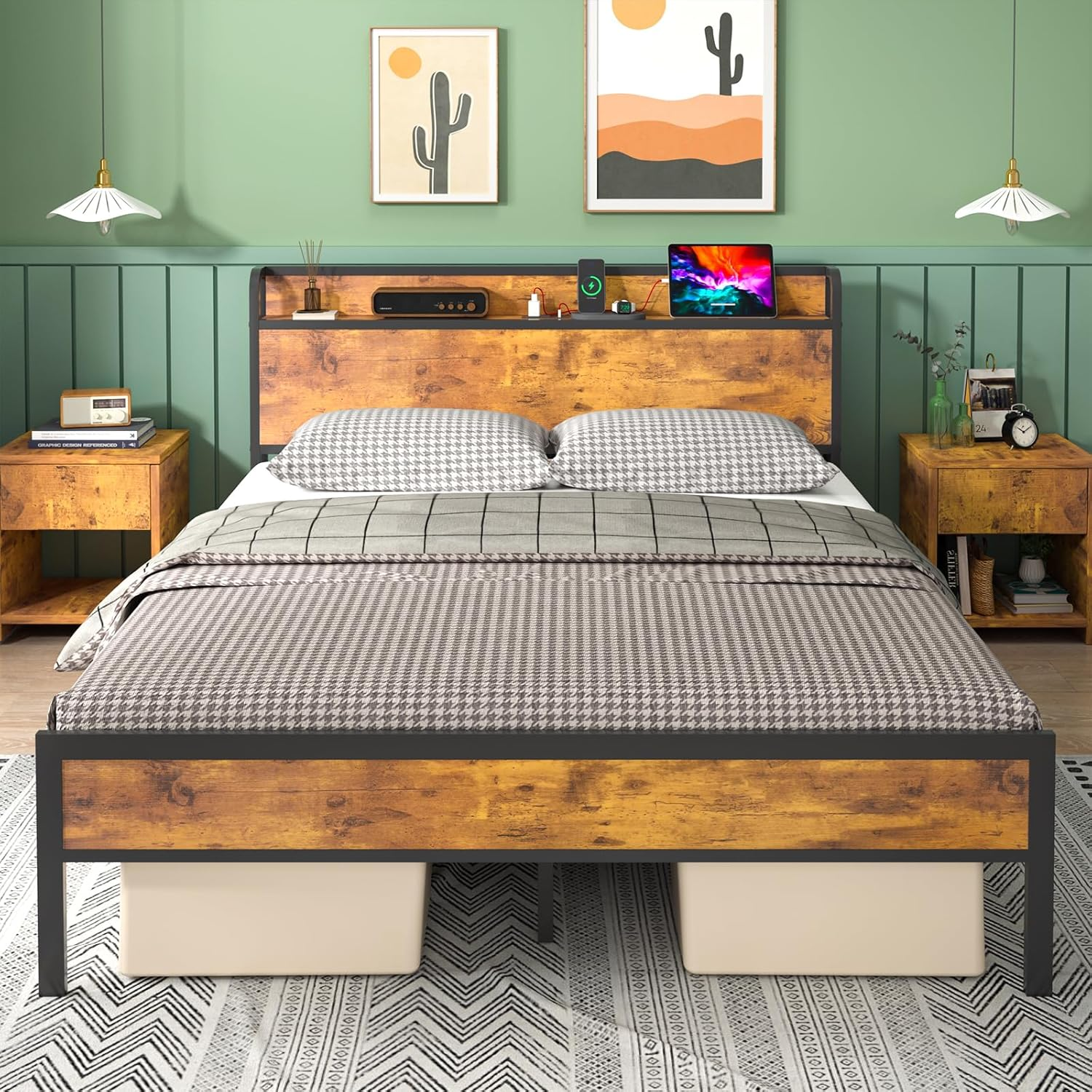 Ufurniture Queen Bed Frame with Headboard Storage, Industrial Metal Bed Base with USB Ports and LED Light, Mattress Platform with Charging Station, Bedroom Furniture