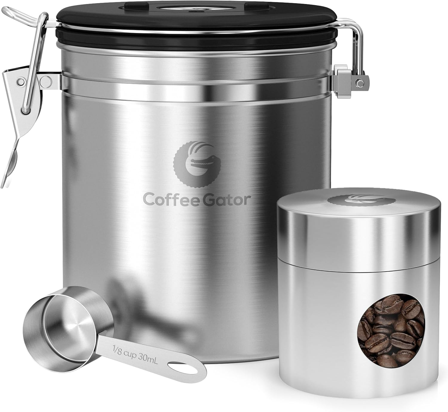 Coffee Gator Coffee Canister Airtight, 16Oz Stainless Steel and 4Oz Borosilicate Glass Travel Kitchen Food Storage Container with Date Tracker, Scoop for Beans, Ground, Sugar, Tea, Cookies Jars