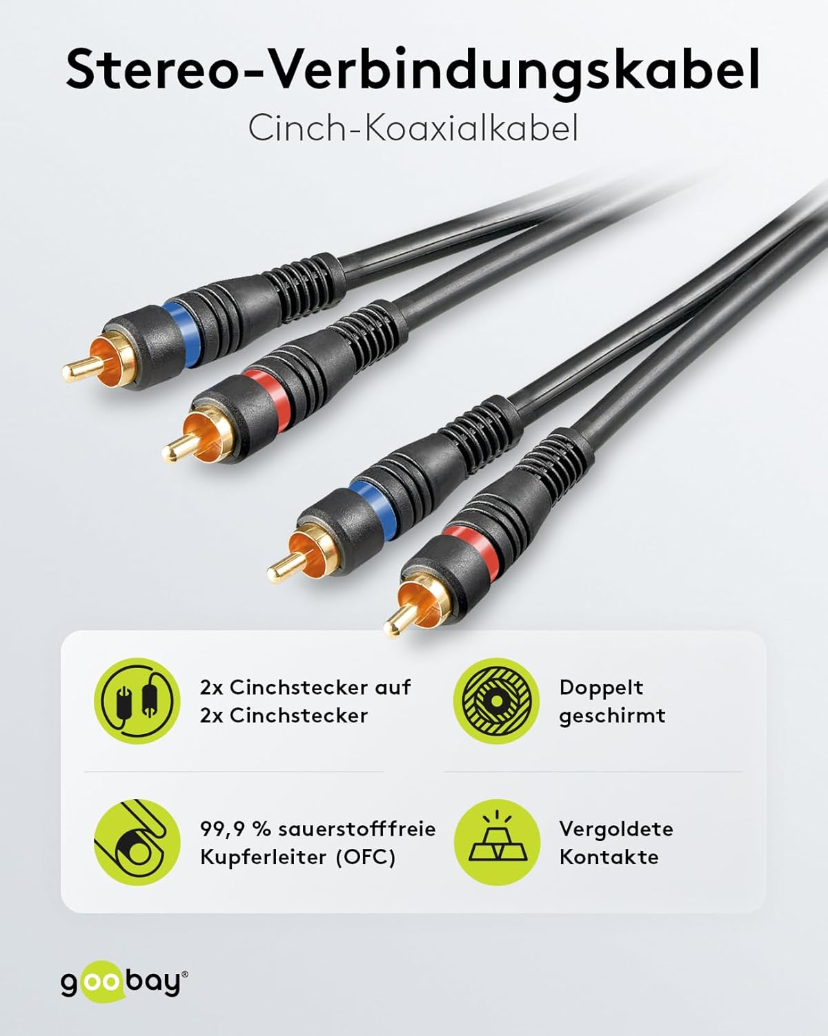 Goobay Stereo RCA Cable 2X RCA, Double Shielded 2 RCA Male > 2 RCA Male, 3M, Black