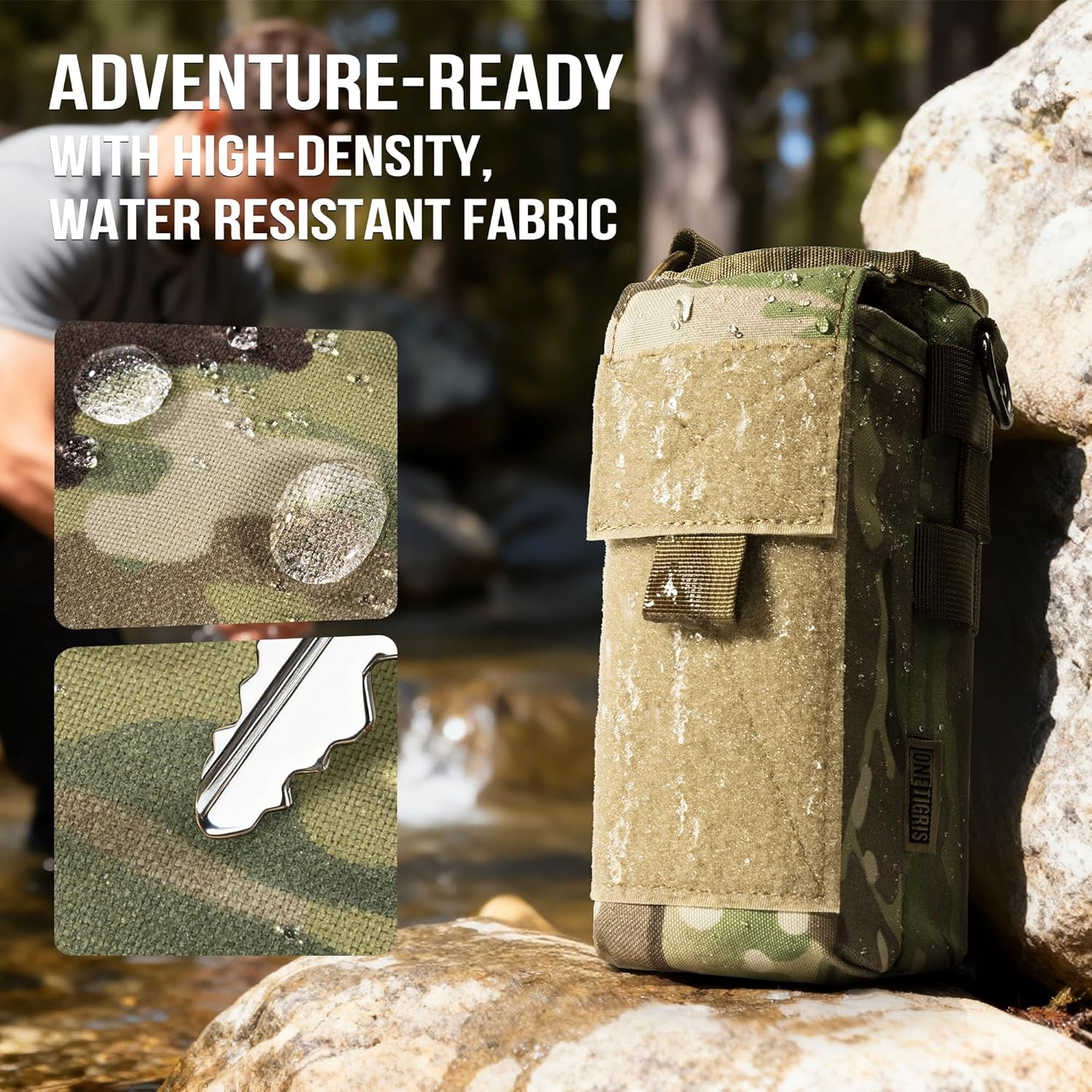 Onetigris Tactical Molle Water Bottle Holder 16-32 Oz - Multi-Function Carrier Bag with Phone Pocket & Paracord Handle for Hiking Gym Camping - Camo image number 3