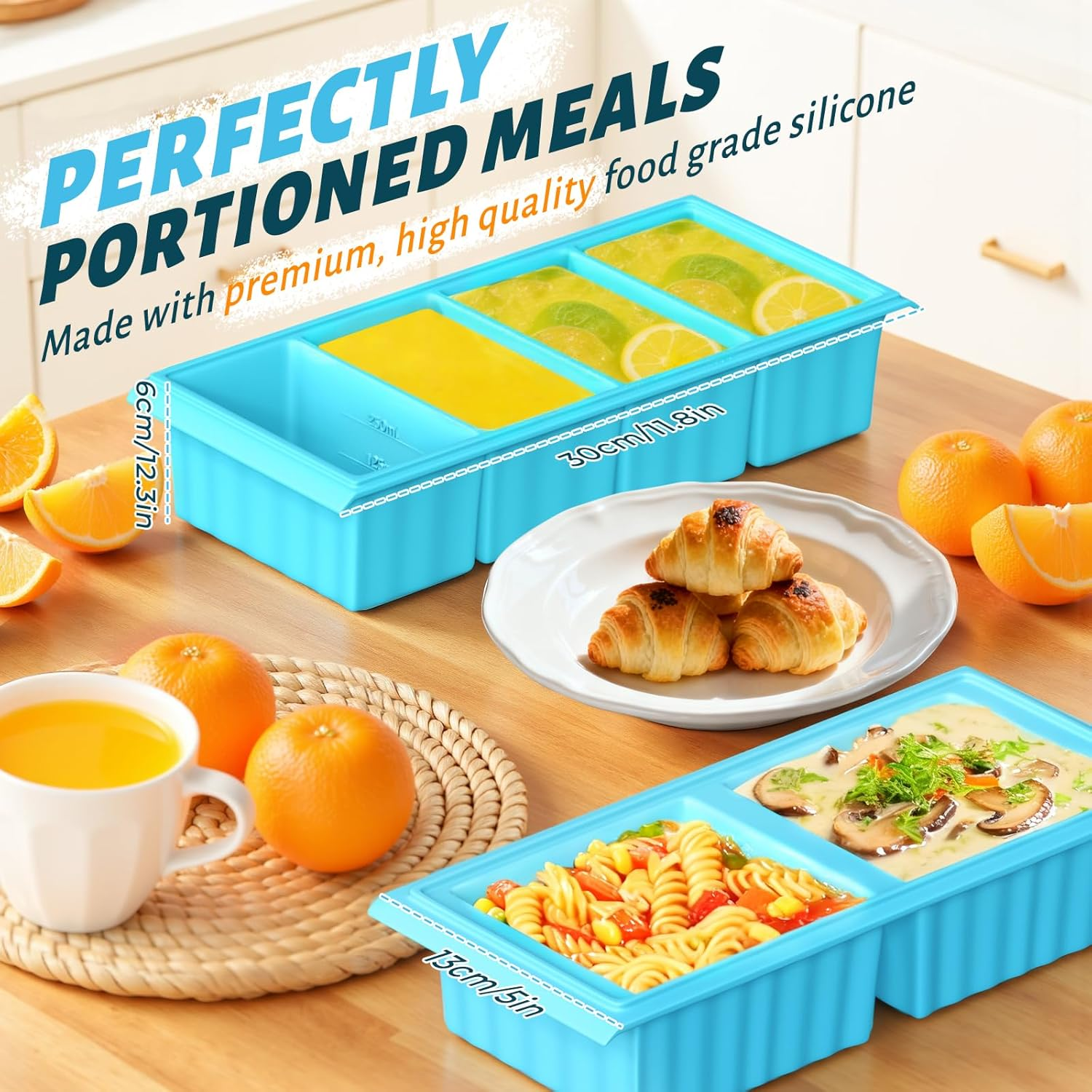 Dawntress Silicone Freezer Tray with Lid - 2Pack Soup Freezer Containers Moulds, Kitchen Portion Food Storage for Freezing Broth, Rice, Sauce, Leftovers, Gift Set BPA Free - 1 and 2 Cup image number 2