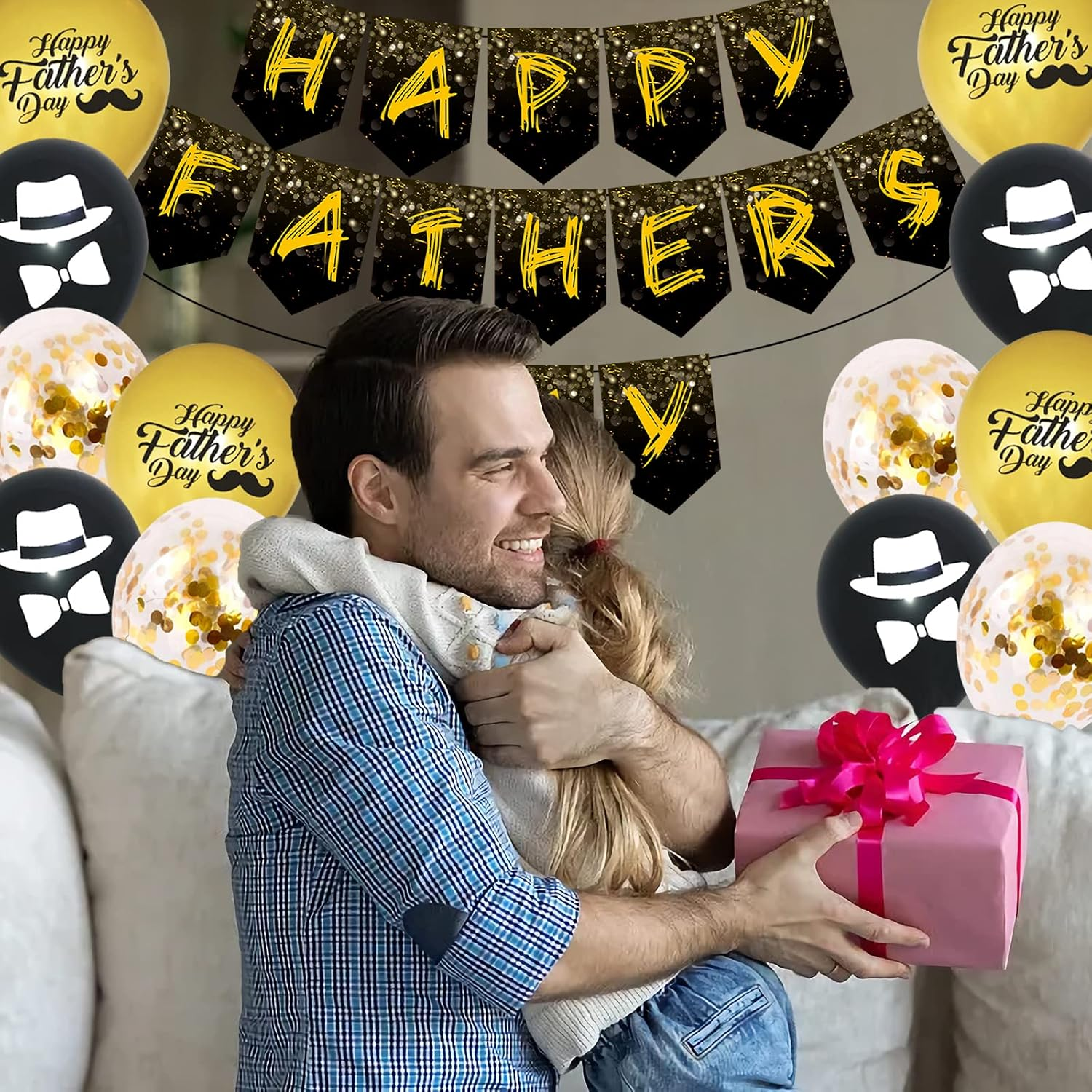 Fathers Day Decorations Kit, Black and Gold &ldquo;HAPPY FATHER'S DAY &rdquo;Banner，Cake Topper, Glitter Black Backdrop for Dad'S Party Decor image number 6