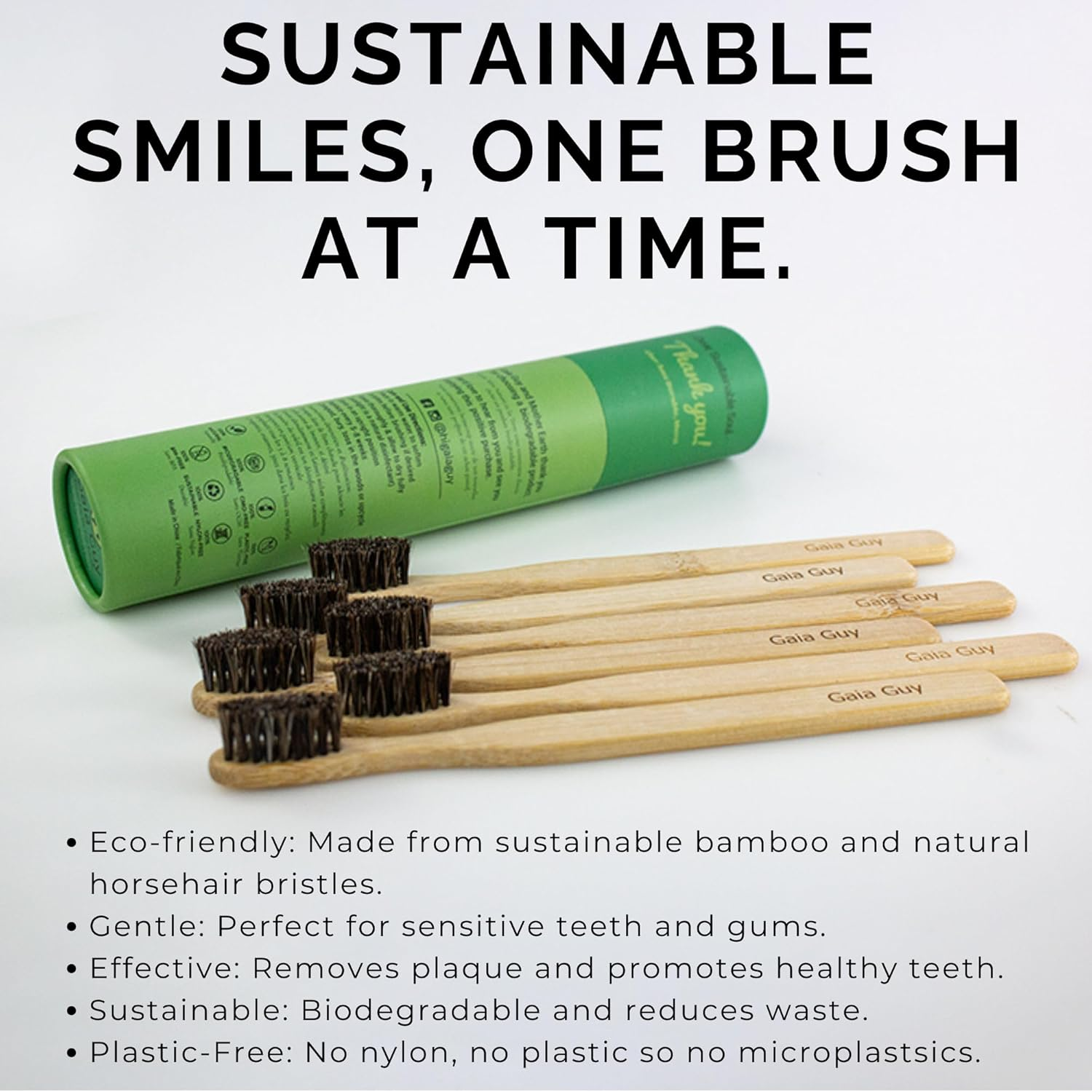 Gaia Guy Soft Natural Bristle Bamboo Toothbrush (NO Nylon - Horsehair ONLY) - Totally Compostable & Biodegradable Soft Horse Hair Bristle and Bamboo Toothbrushes - Zero Waste - 6-Pack